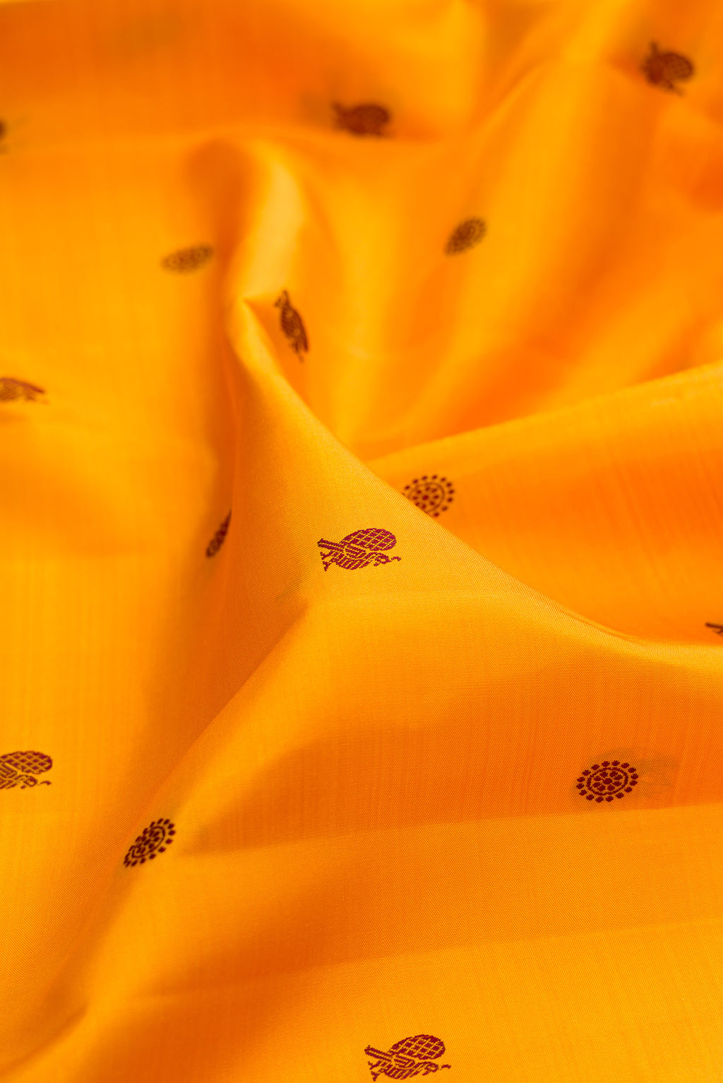 Close up of Pure Silk Mustard Kanchipuram Saree with Thread Butta on the body and Thread Border.  displaying folds