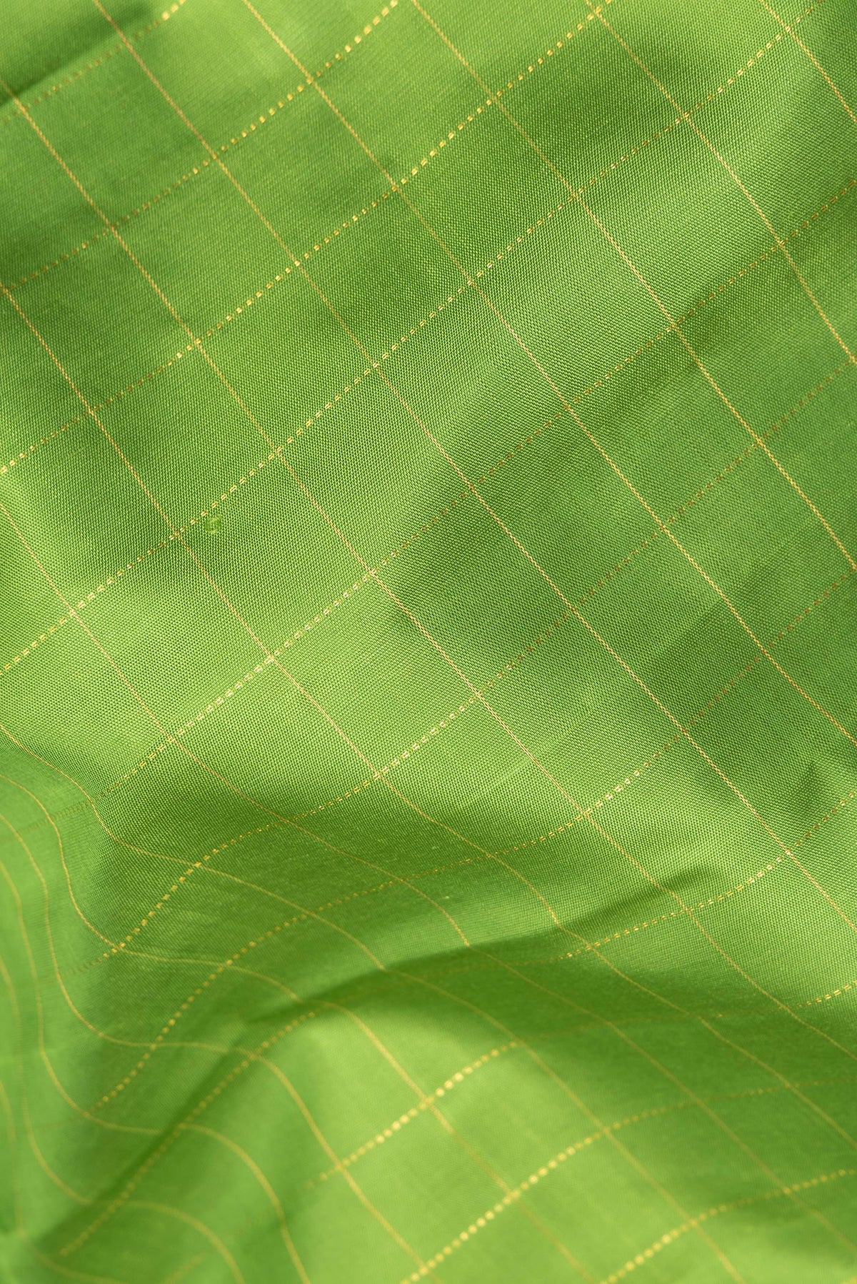 Close up of Pure Silk Parrot Green Dual Tone Kanjivaram Saree with Checked design on the body and Zari Border.  displaying folds