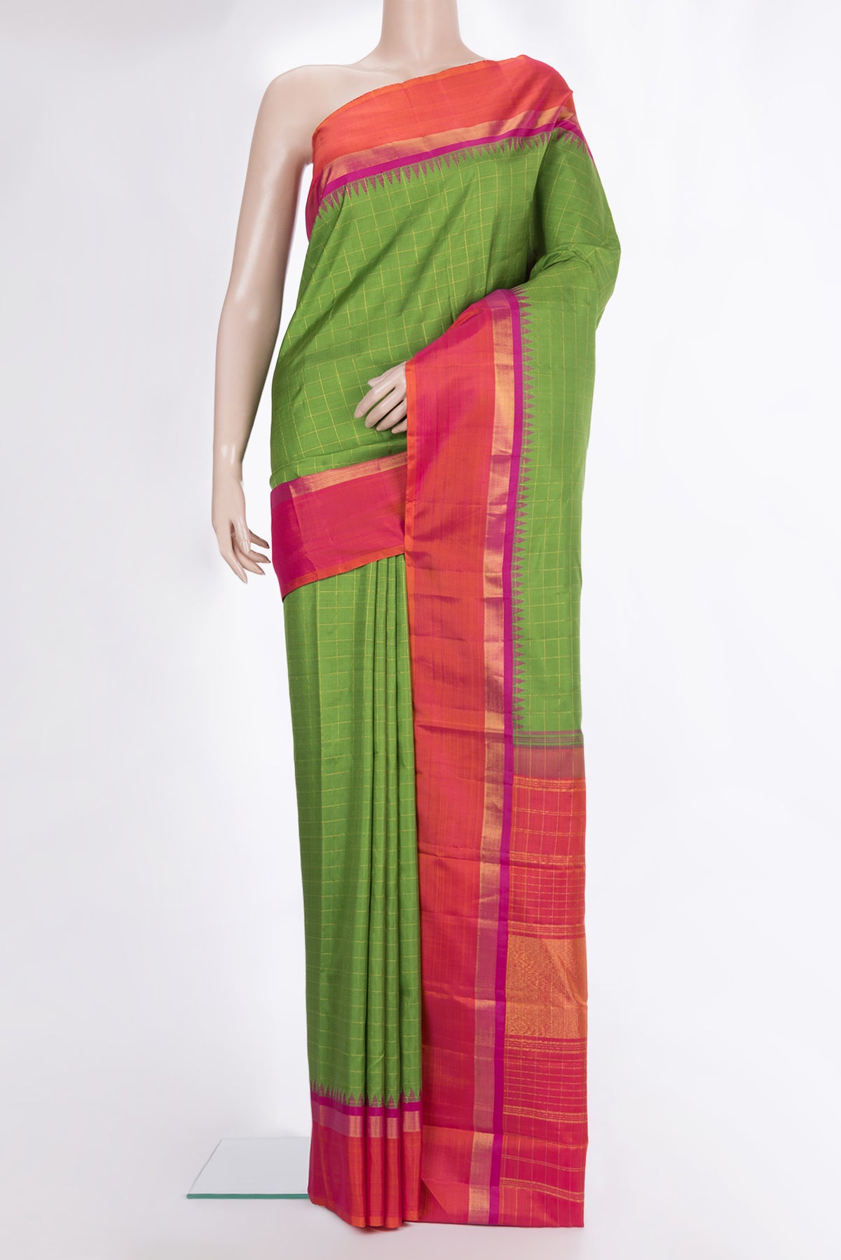Pure Silk Parrot Green Dual Tone Kanjivaram Saree with Checked design on the body and Zari Border.  displayed on a mannequin