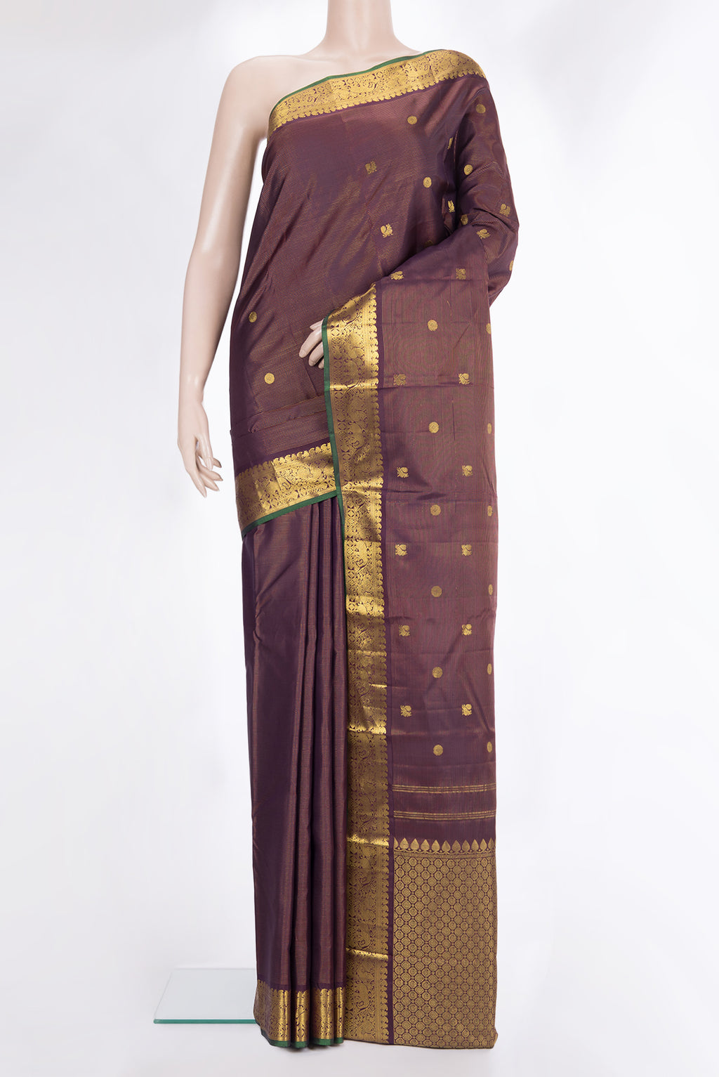 Pure Silk Coffee Brown Dual Tone Kanjivaram Saree with Stripes on the body and Zari Border.  displayed on a mannequin