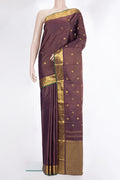 Pure Silk Coffee Brown Dual Tone Kanjivaram Saree with Stripes on the body and Zari Border.  displayed on a mannequin