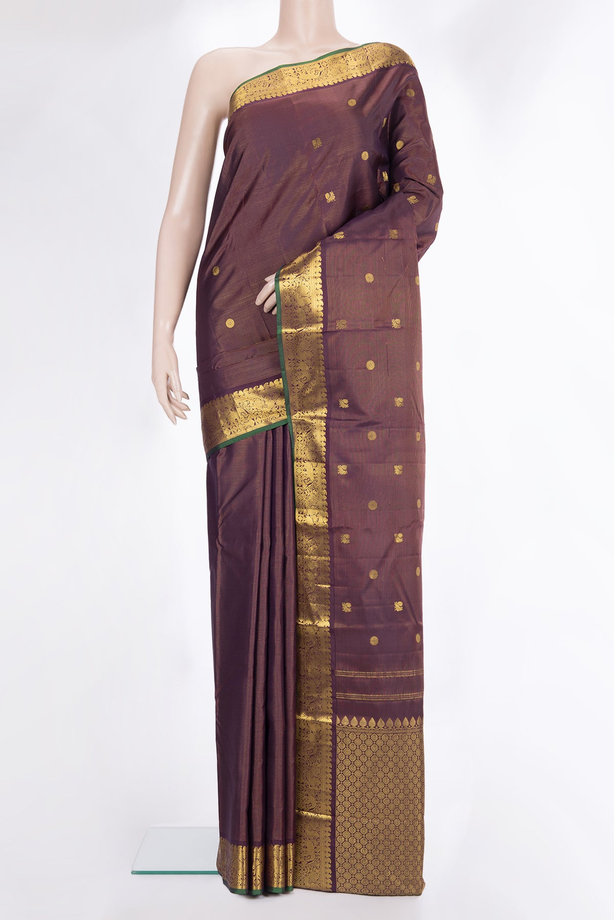 Pure Silk Coffee Brown Dual Tone Kanjivaram Saree with Stripes on the body and Zari Border.  displayed on a mannequin