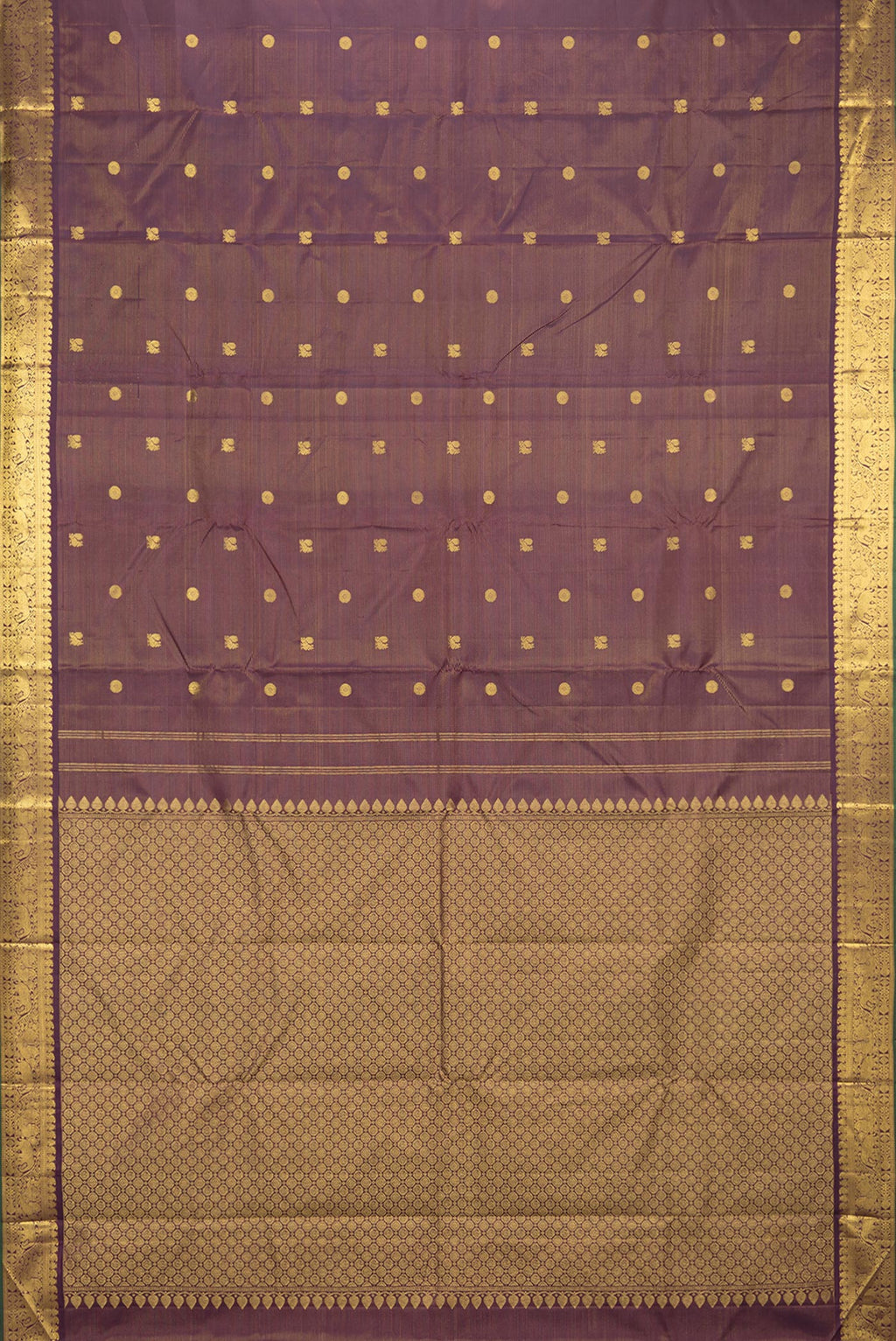 Flat view of Pure Silk Coffee Brown Dual Tone Kanjivaram Saree with Stripes on the body and Zari Border. 