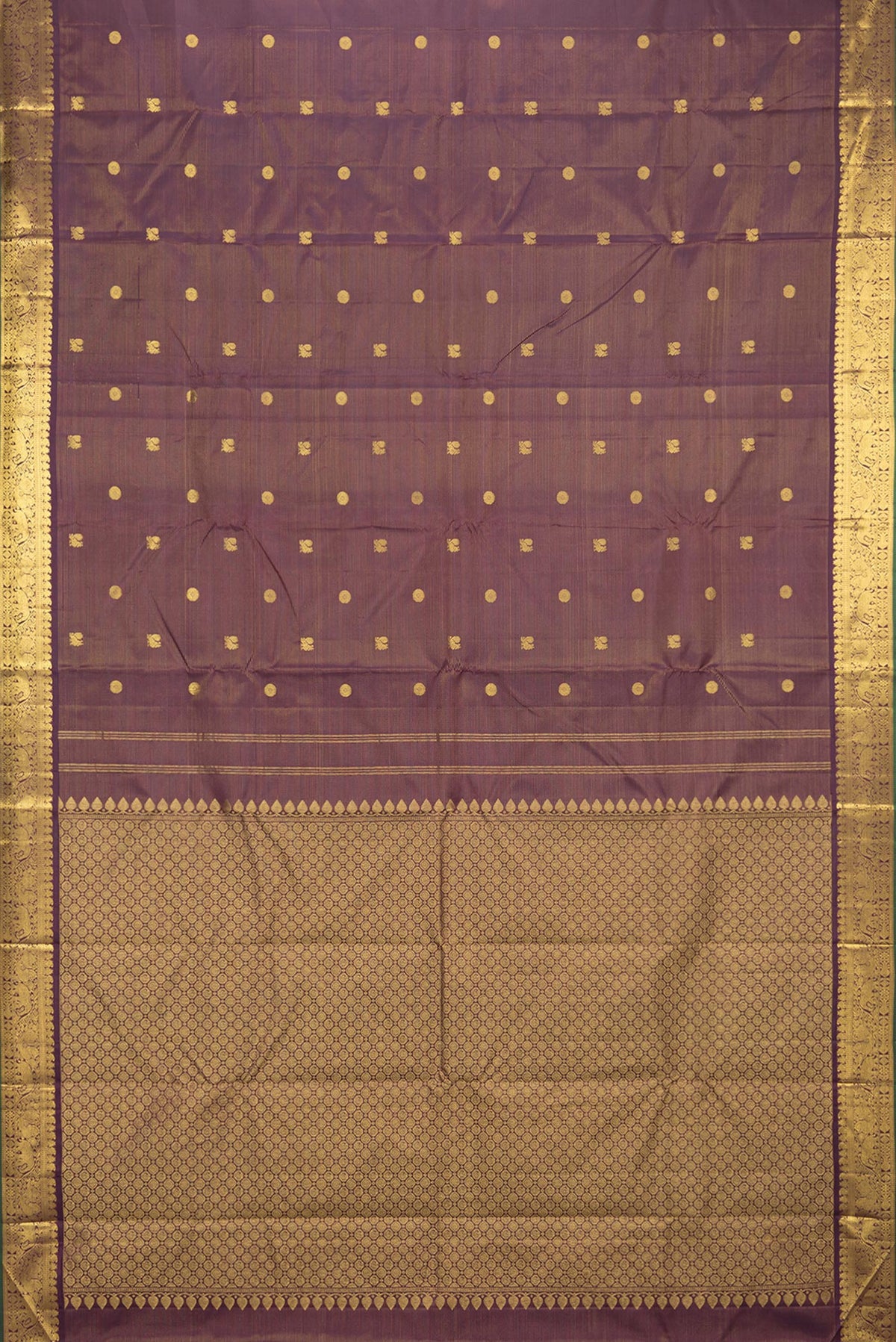 Flat view of Pure Silk Coffee Brown Dual Tone Kanjivaram Saree with Stripes on the body and Zari Border. 