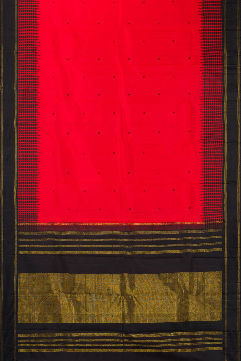 Flat view of Pure Silk Pure Zari Brick Orange Kanjivaram Saree with Thread Butta on the body and Thread Border. 