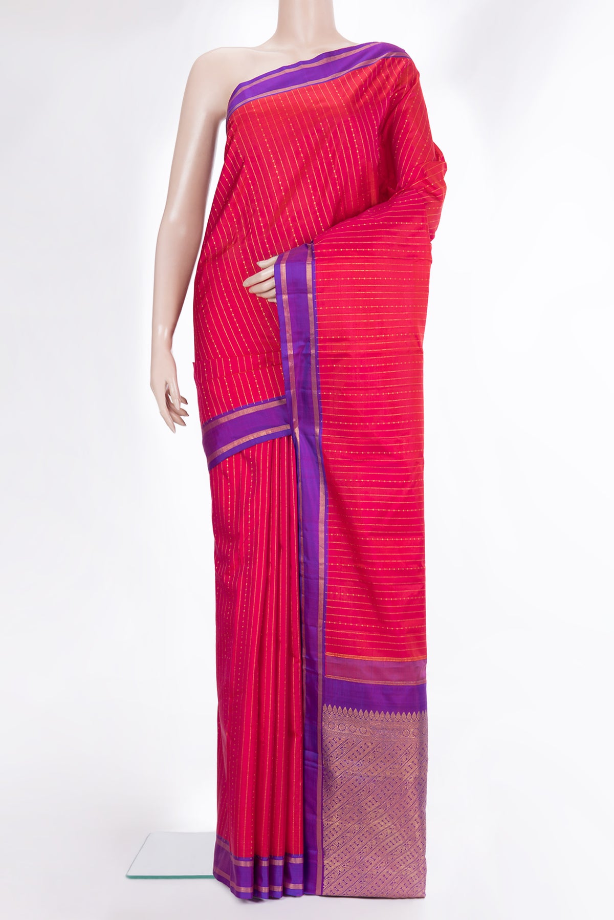 Pure Silk Dark Pink Dual Tone Kanchipuram Saree with Stripes on the body and Zari Border.  displayed on a mannequin