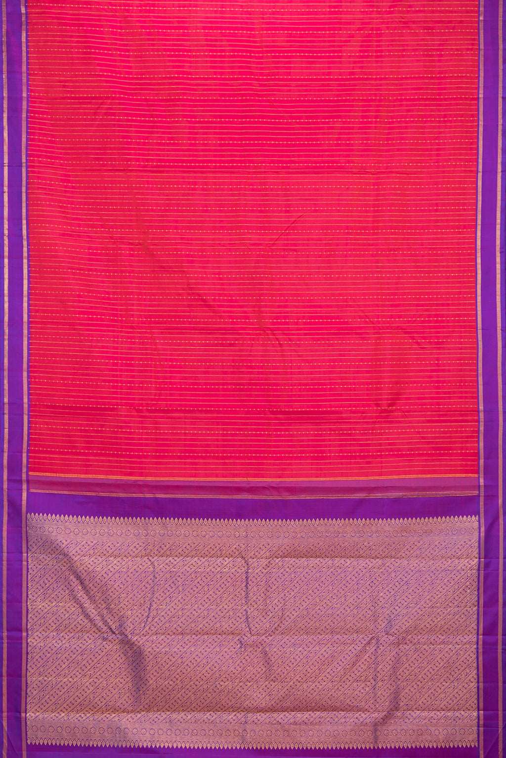 Flat view of Pure Silk Dark Pink Dual Tone Kanchipuram Saree with Stripes on the body and Zari Border. 