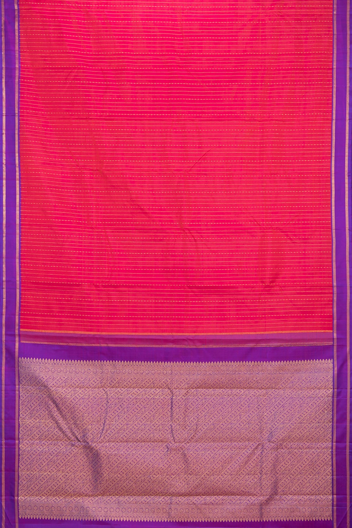 Flat view of Pure Silk Dark Pink Dual Tone Kanchipuram Saree with Stripes on the body and Zari Border. 