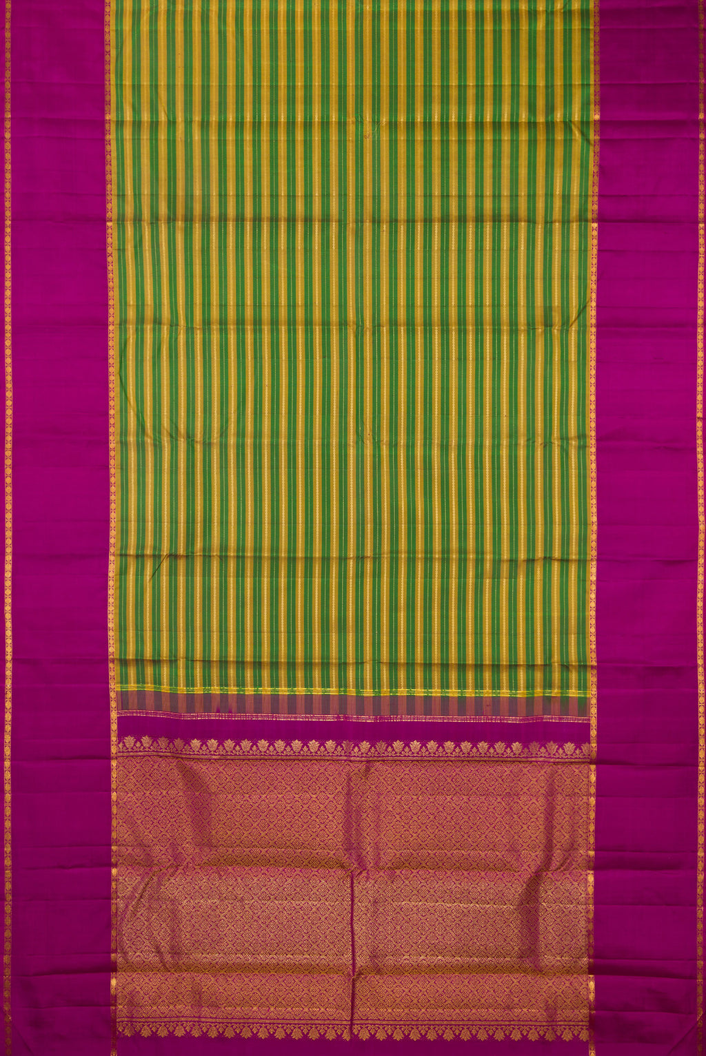Flat view of Pure Silk Multi Color Kanchipuram Saree with Stripes on the body and Zari Border. 