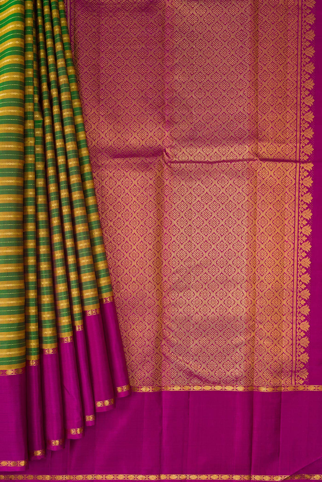 Pleats and pallu of Pure Silk Multi Color Kanchipuram Saree with Stripes on the body and Zari Border. 