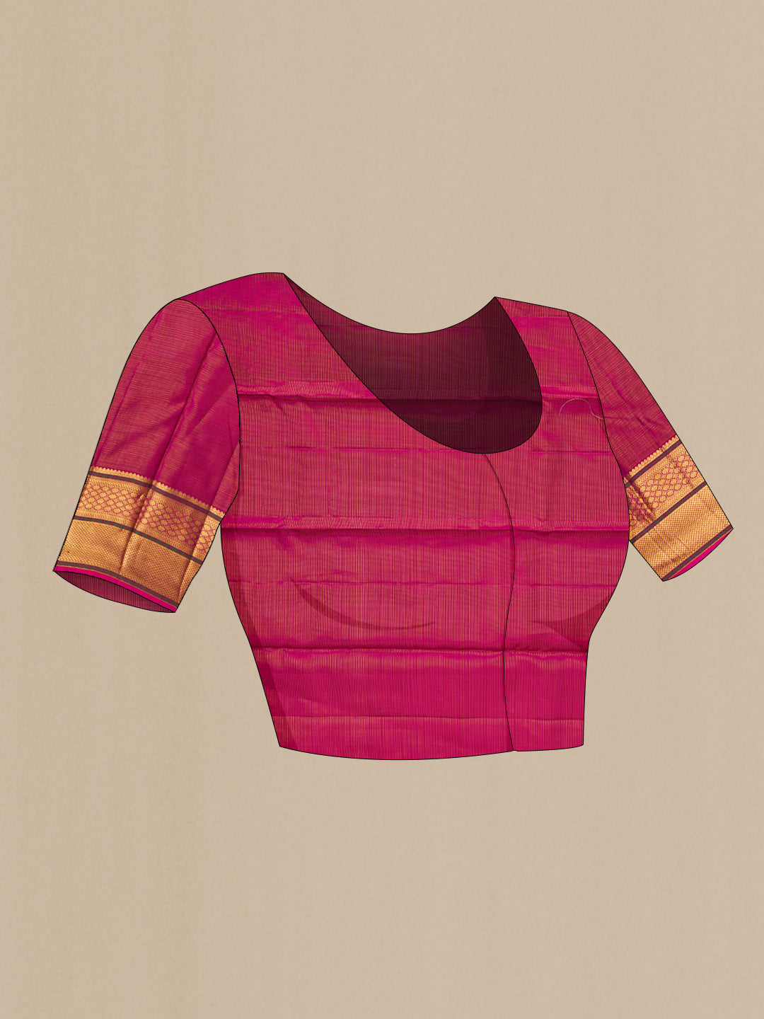 Close up image of the blouse of Pure Silk Maroon Dual Tone Kanjivaram Saree with Stripes on the body and Zari Border. 