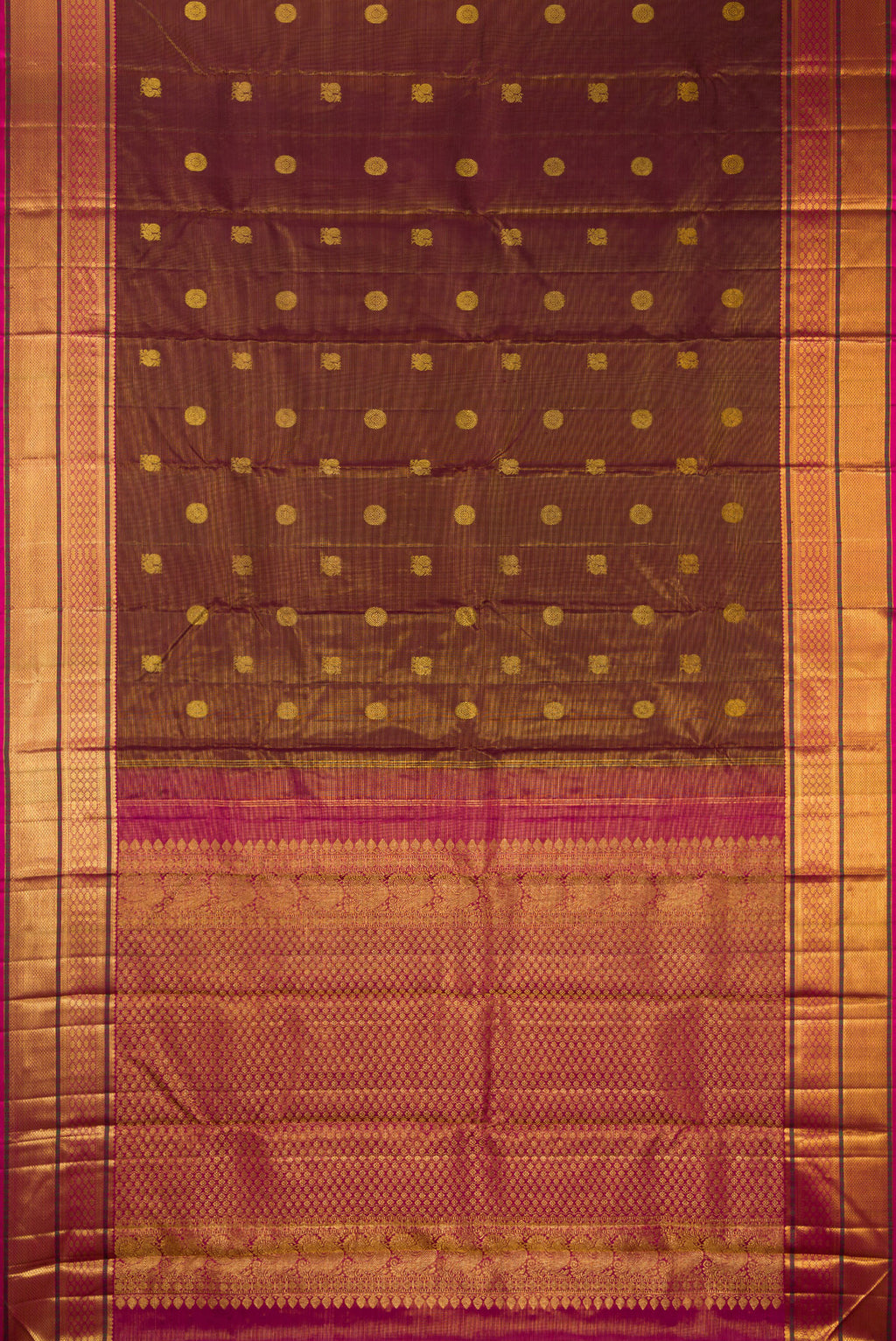 Flat view of Pure Silk Maroon Dual Tone Kanjivaram Saree with Stripes on the body and Zari Border. 