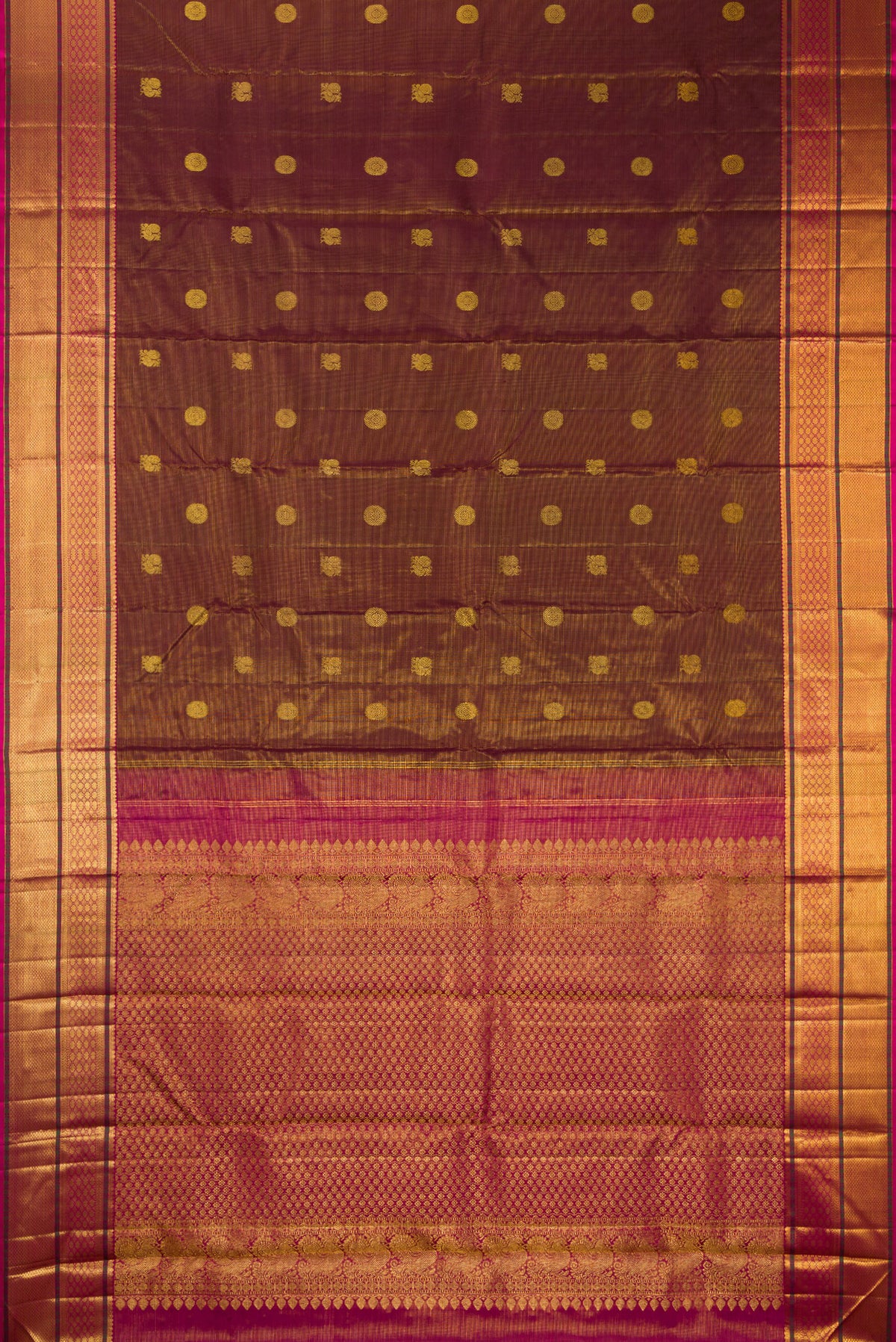 Flat view of Pure Silk Maroon Dual Tone Kanjivaram Saree with Stripes on the body and Zari Border. 