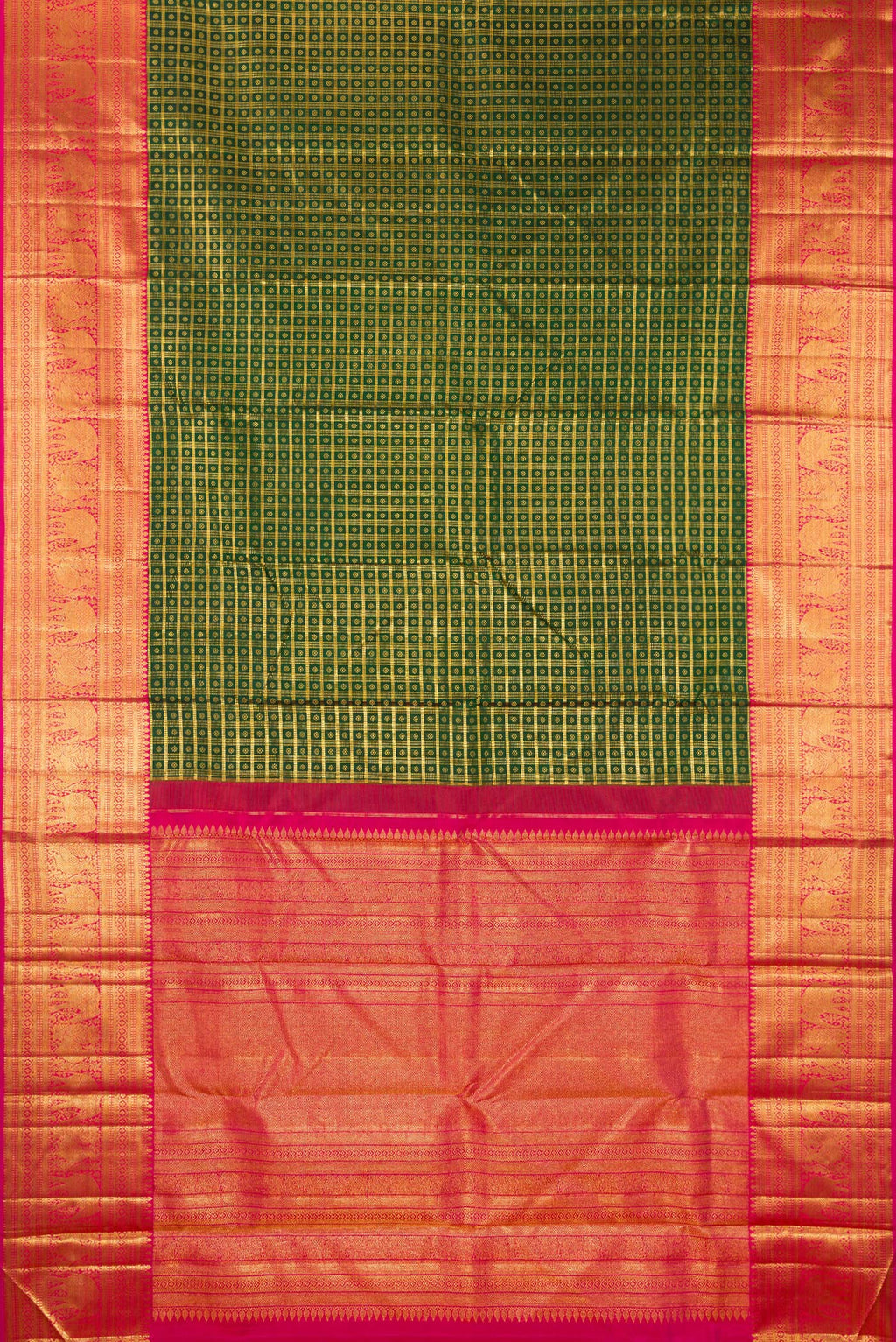 Flat view of Pure Silk Bottle Green Kanchipuram Saree with Checked design on the body and Zari Border. 