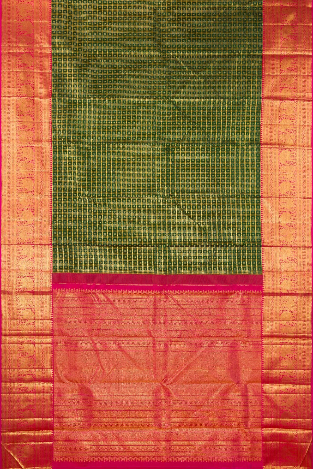 Flat view of Pure Silk Bottle Green Kanchipuram Saree with Checked design on the body and Zari Border. 