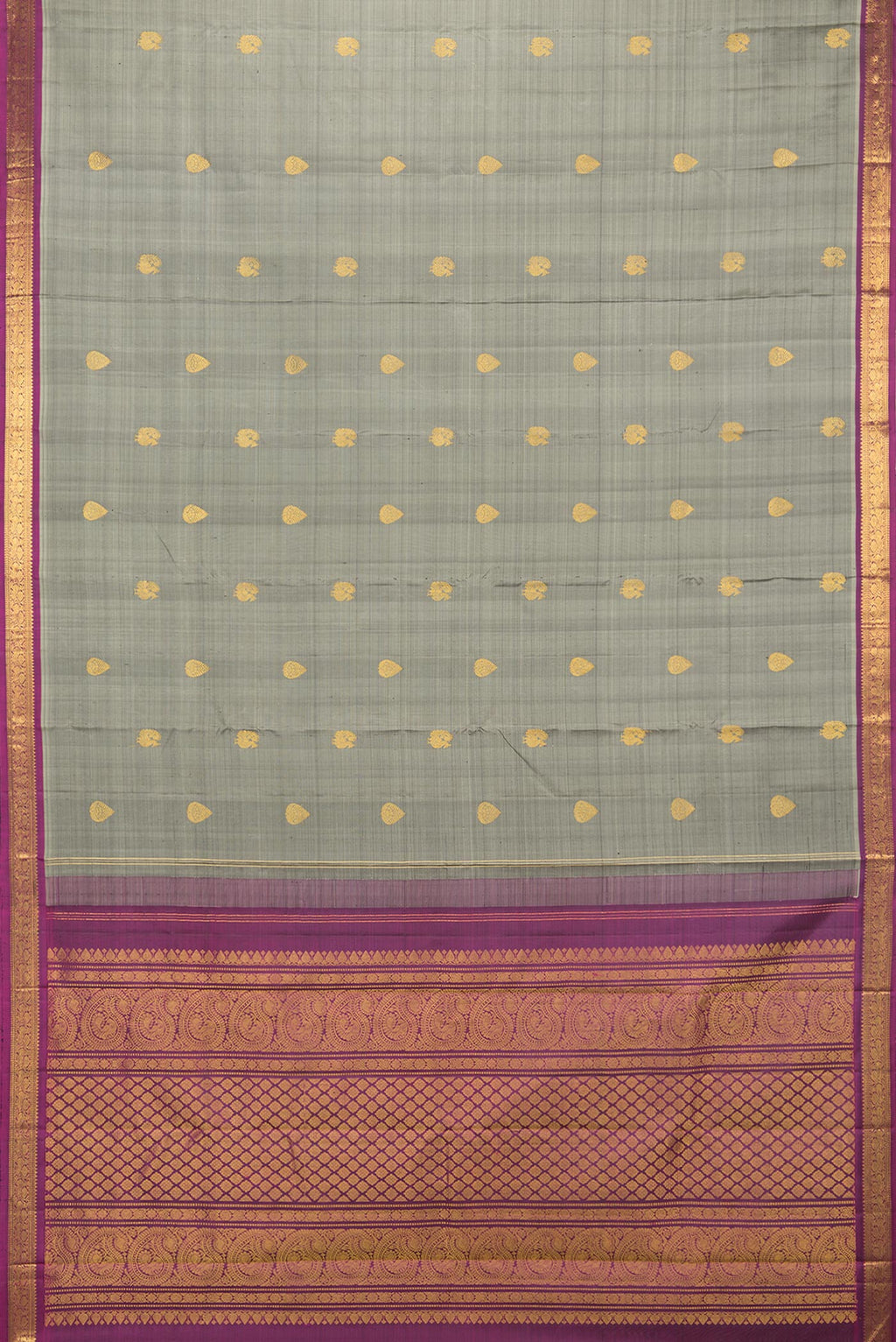 Flat view of Pure Silk Grey Dual Tone Kanchipuram Saree with Zari Butta on the body and Zari Border. 