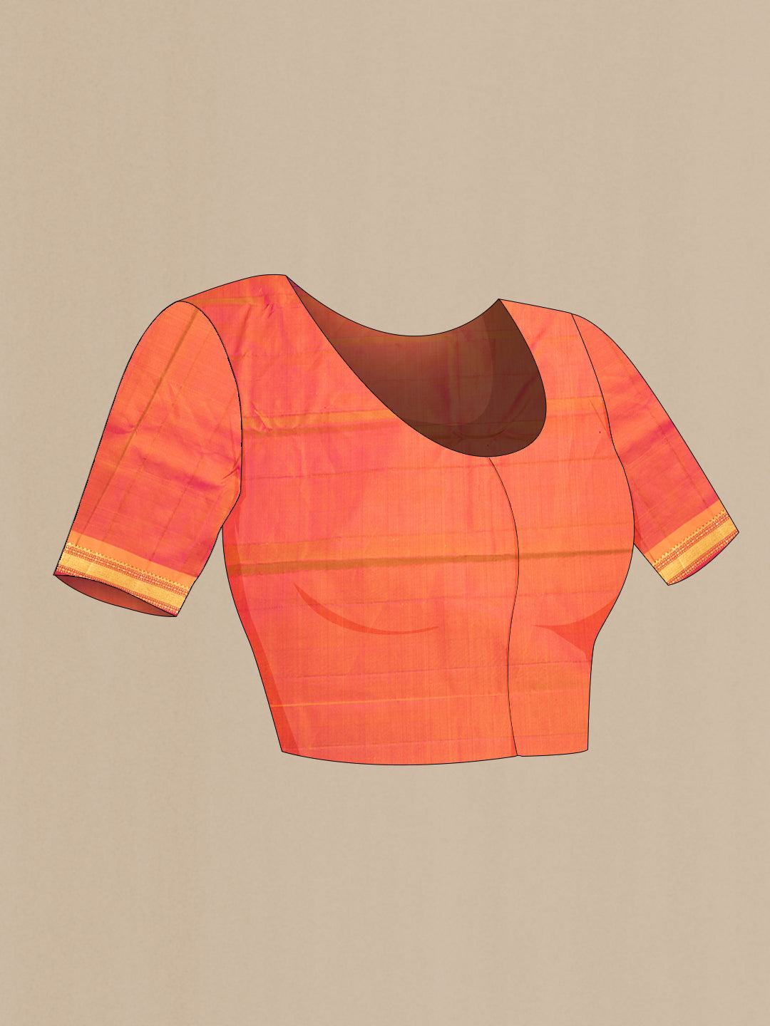 Close up image of the blouse of Pure Silk Mustard Dual Tone Kanchipuram Saree with Zari Butta on the body and Zari Border. 