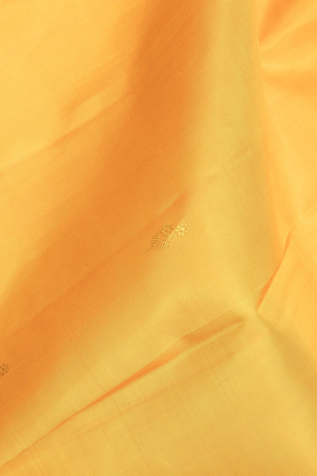 Close up of Pure Silk Mustard Dual Tone Kanchipuram Saree with Zari Butta on the body and Zari Border.  displaying folds