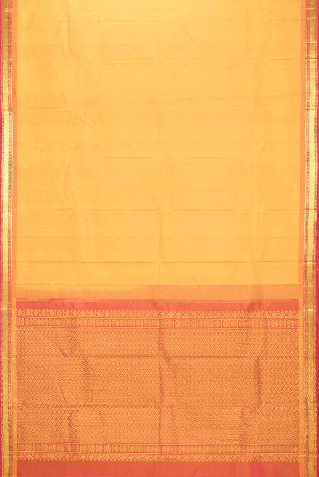 Flat view of Pure Silk Mustard Dual Tone Kanchipuram Saree with Zari Butta on the body and Zari Border. 