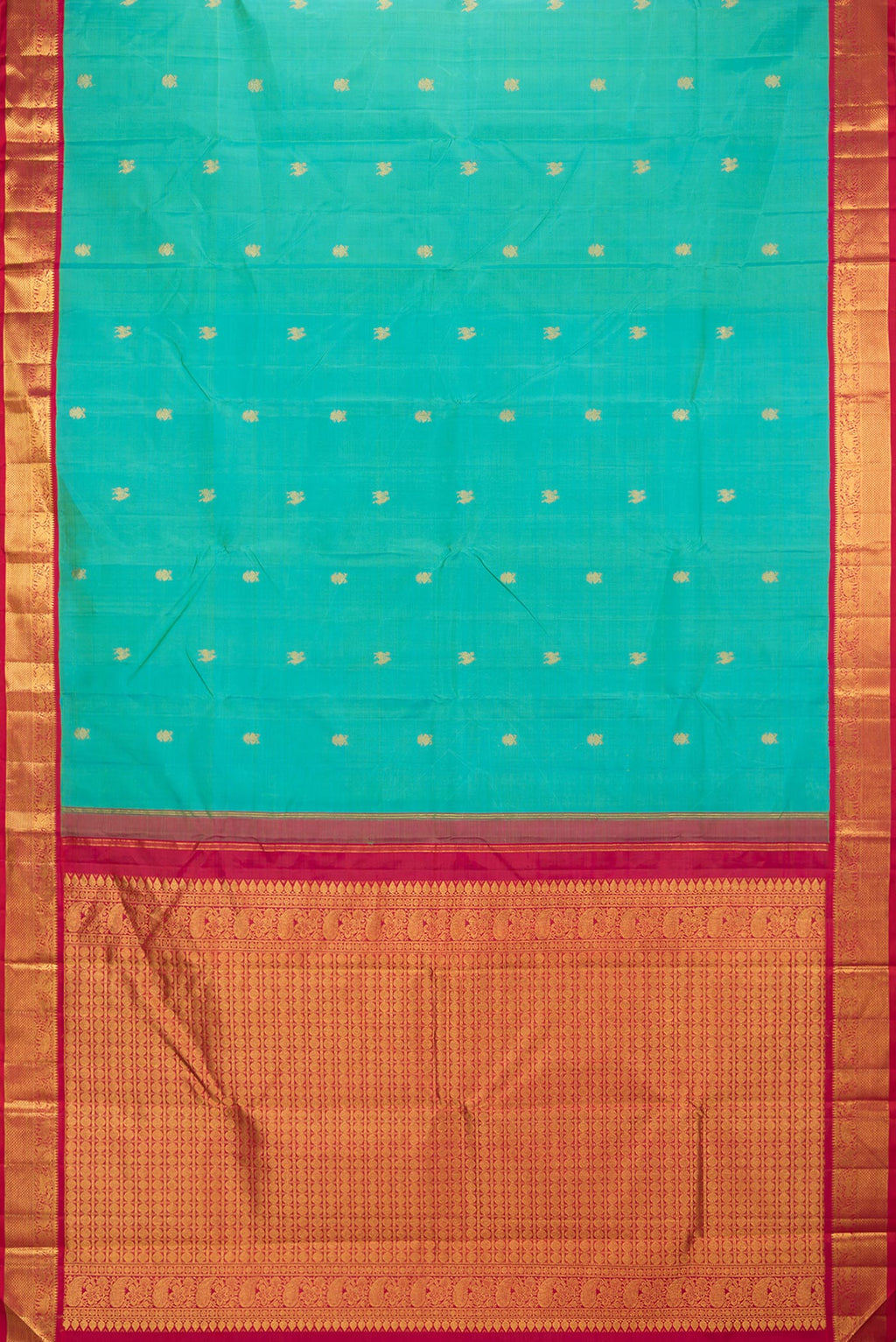 Flat view of Pure Silk Sea Green Dual Tone Kanjivaram Saree with Zari Butta on the body and Zari Border. 
