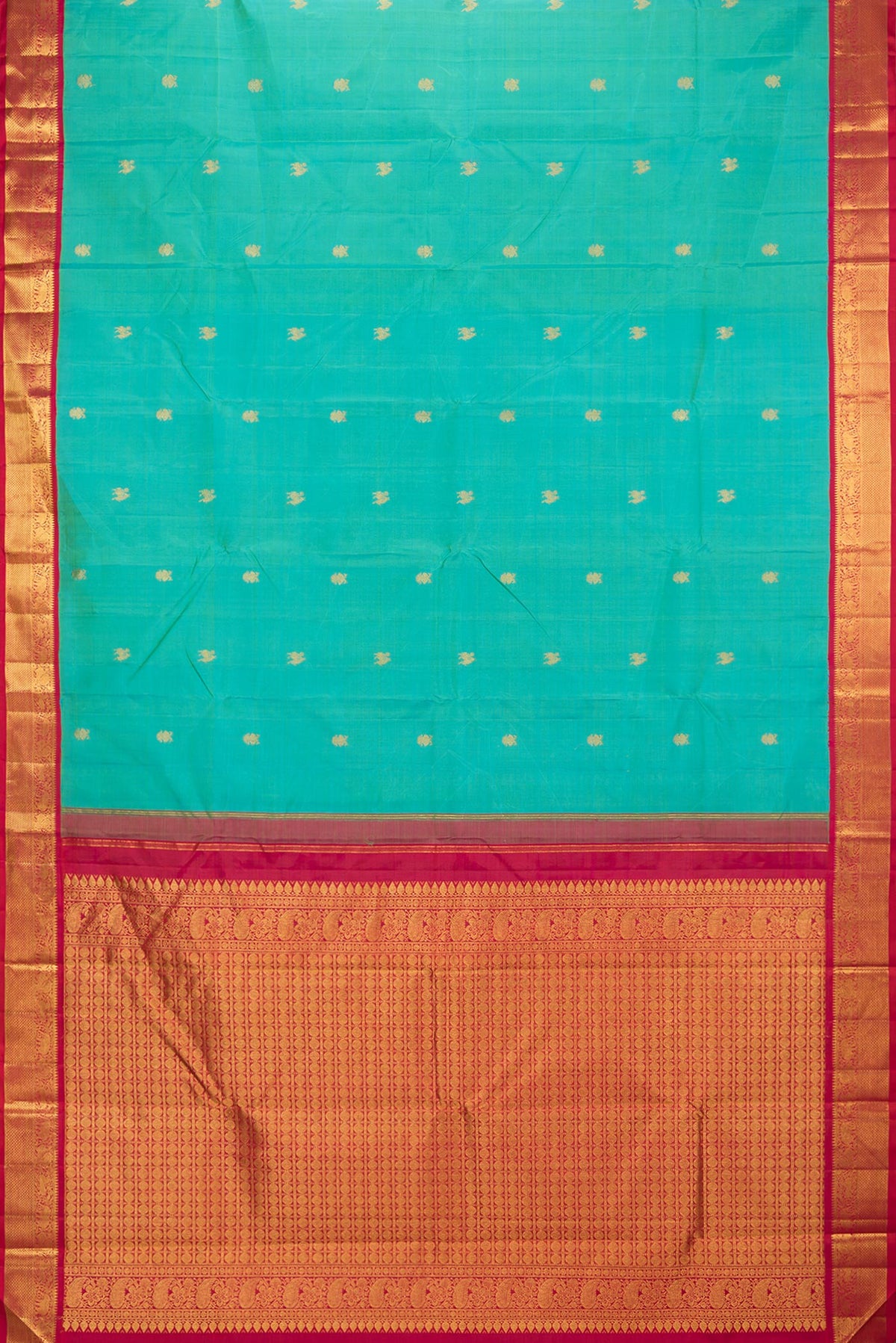 Flat view of Pure Silk Sea Green Dual Tone Kanjivaram Saree with Zari Butta on the body and Zari Border. 
