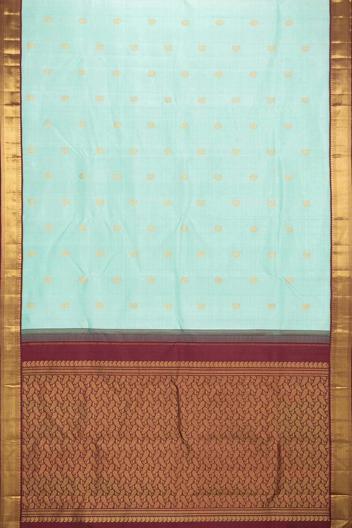 Flat view of Pure Silk Pista Green Dual Tone Kanjivaram Saree with Zari Butta on the body and Zari Border. 