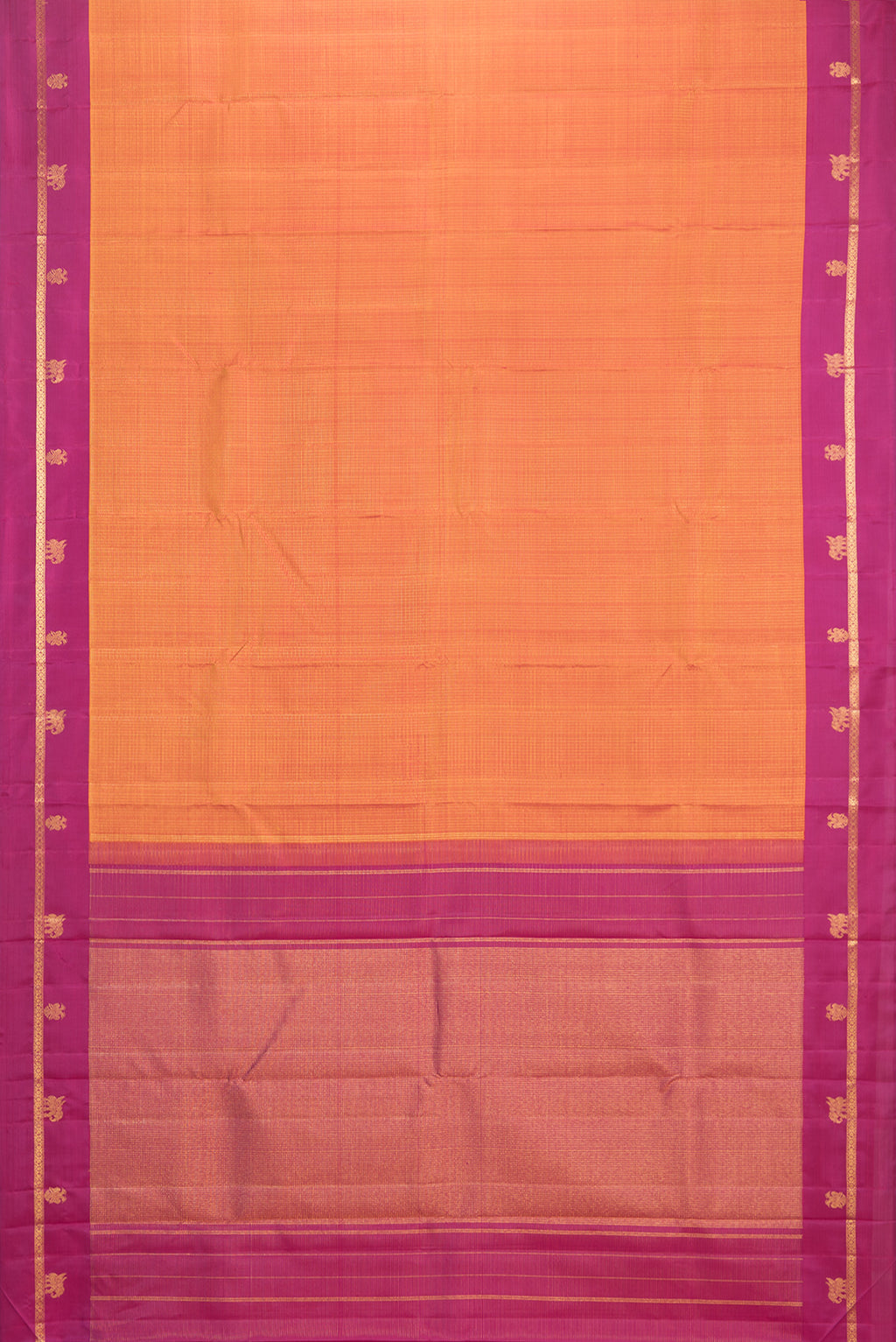Flat view of Pure Silk Mustard Kanjivaram Saree with Checked design on the body and Zari Border. 