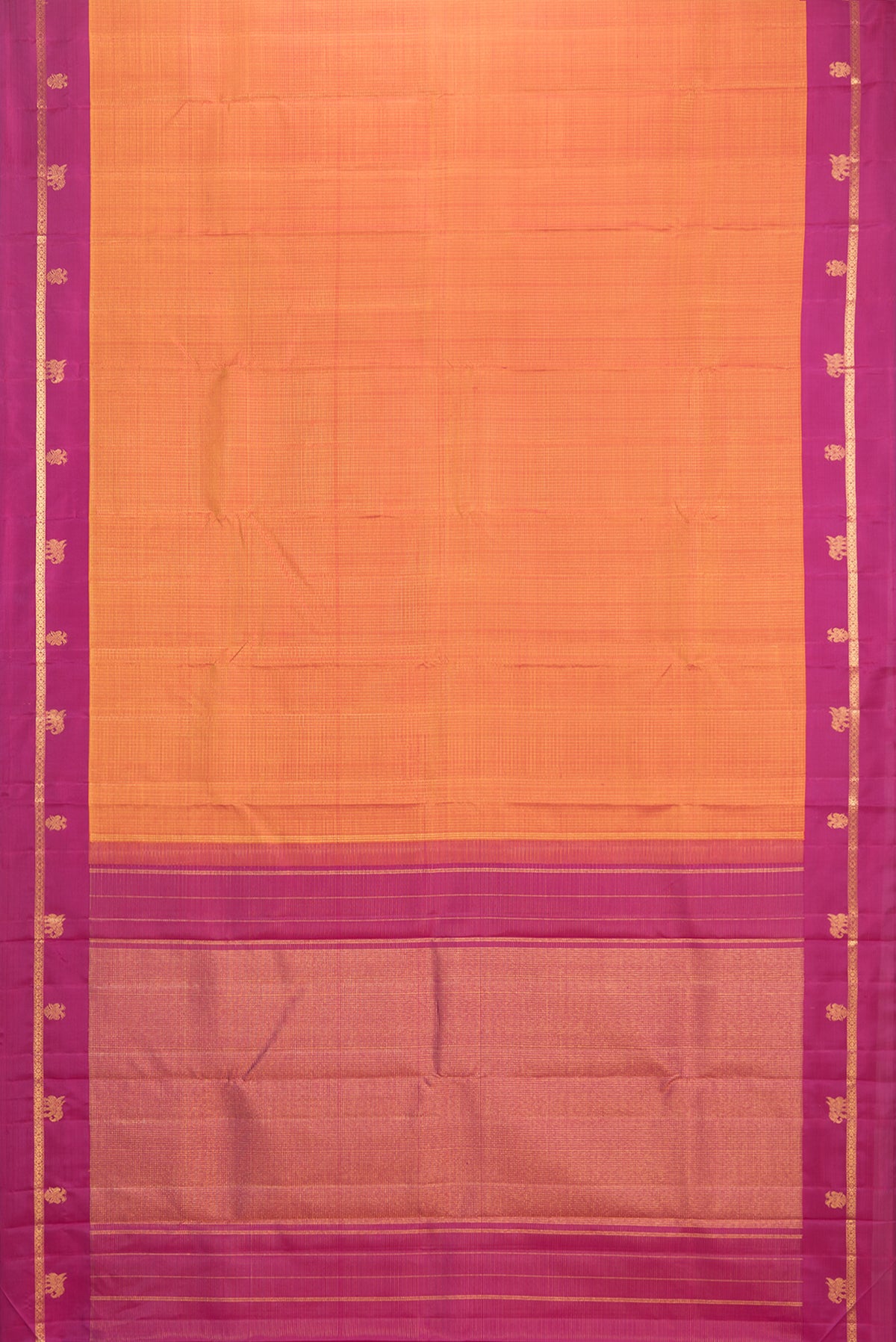 Flat view of Pure Silk Mustard Kanjivaram Saree with Checked design on the body and Zari Border. 