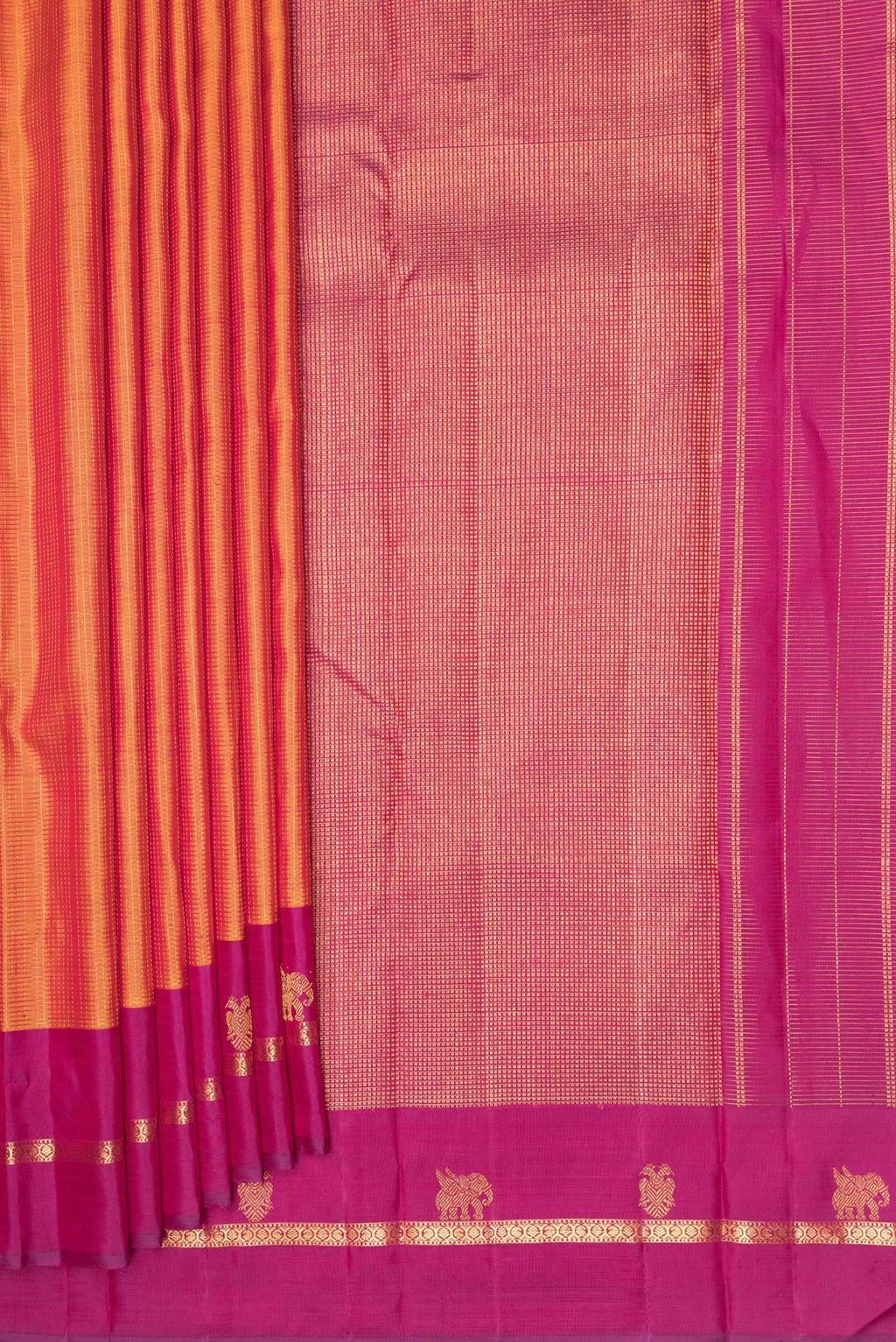 Pleats and pallu of Pure Silk Mustard Kanjivaram Saree with Checked design on the body and Zari Border. 