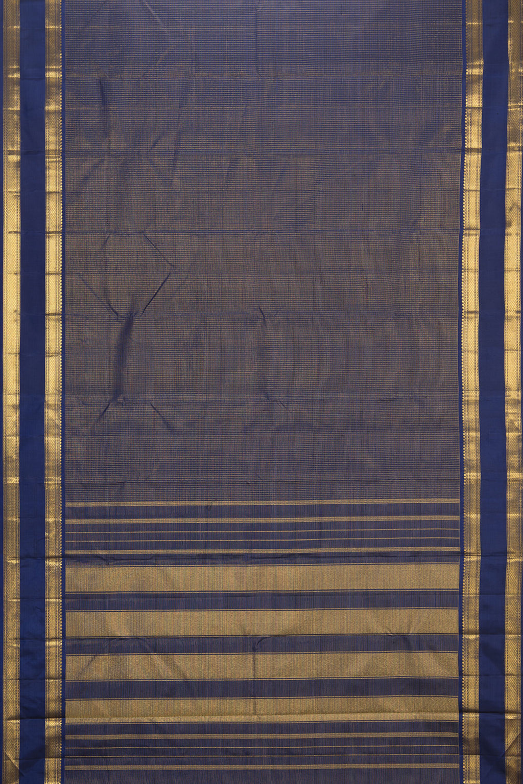 Flat view of Pure Silk Navy Blue Dual Tone Kanjivaram Saree with Checked design on the body and Zari Border. 