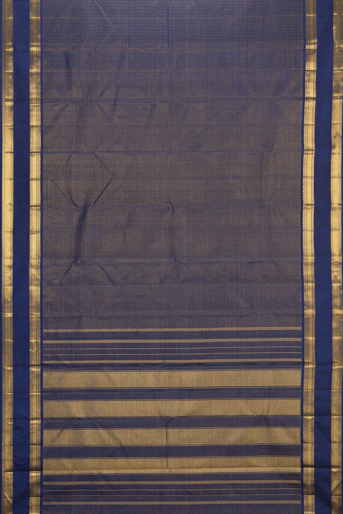 Flat view of Pure Silk Navy Blue Dual Tone Kanjivaram Saree with Checked design on the body and Zari Border. 