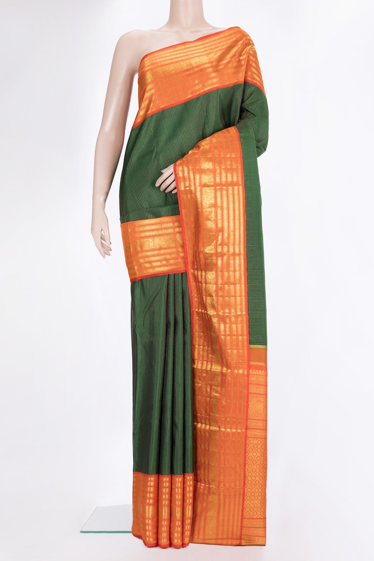 Pure Silk Bottle Green Kanchipuram Saree with Stripes on the body and Zari Border.  displayed on a mannequin