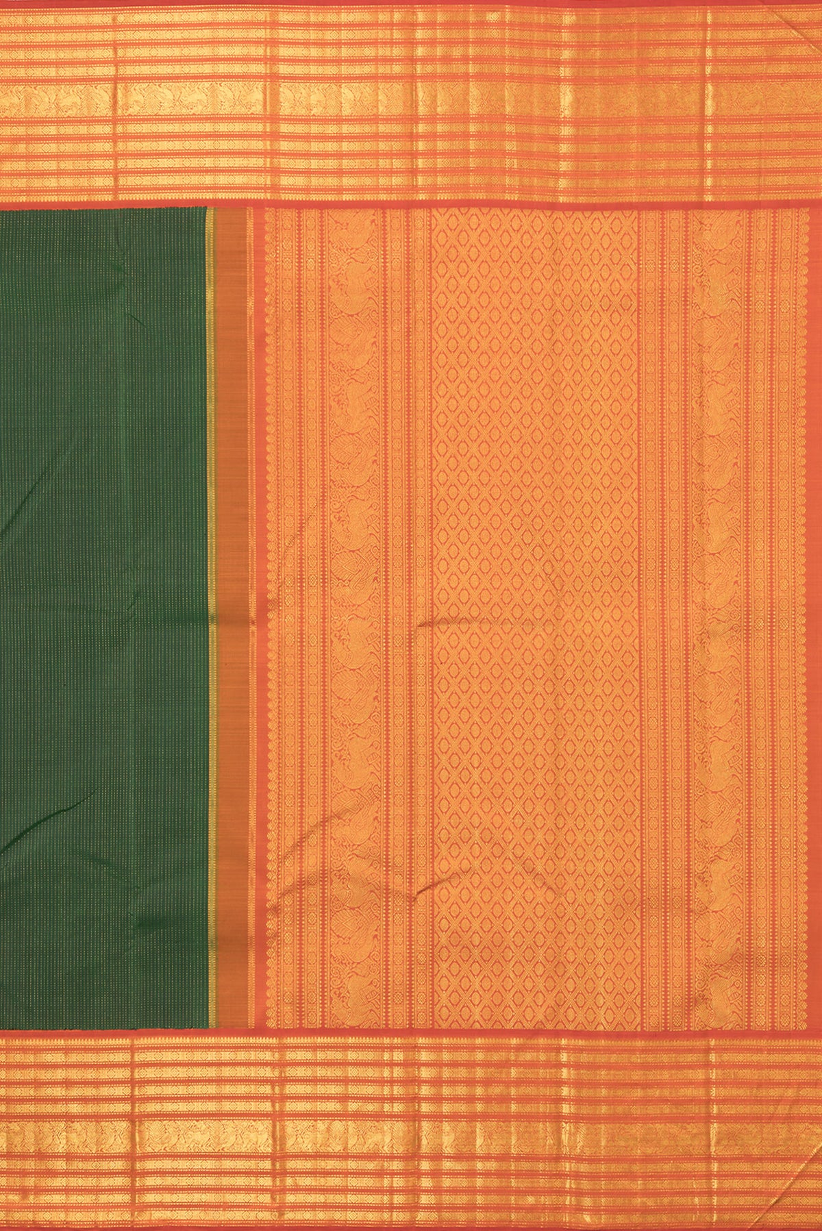 Close up image of the pallu of Pure Silk Bottle Green Kanchipuram Saree with Stripes on the body and Zari Border. 