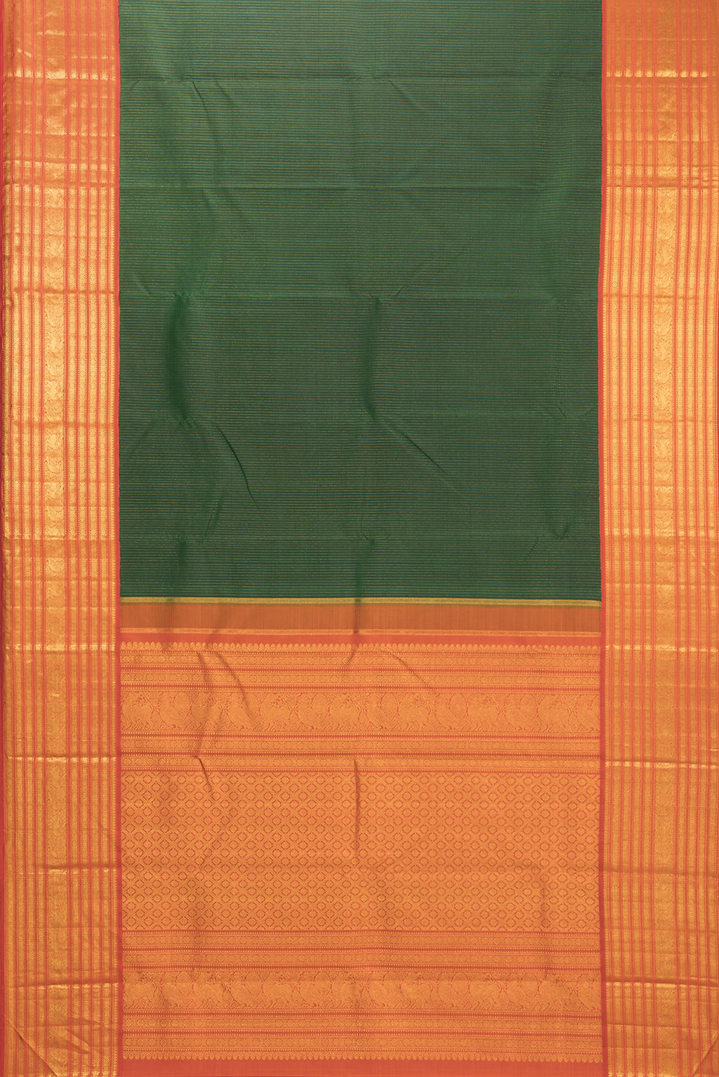 Flat view of Pure Silk Bottle Green Kanchipuram Saree with Stripes on the body and Zari Border. 