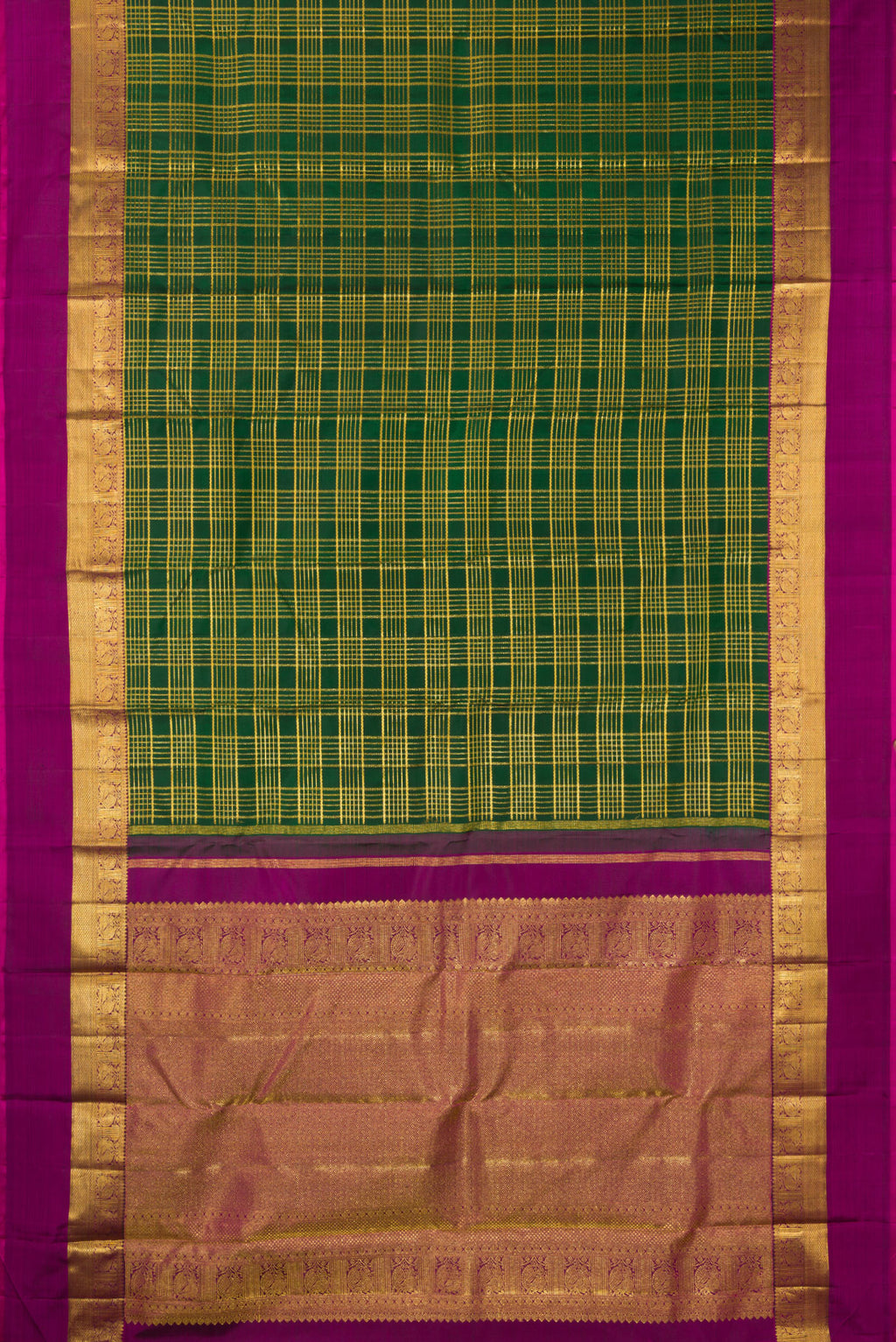 Flat view of Pure Silk Bottle Green Kanchipuram Saree with Checked design on the body and Zari Border. 