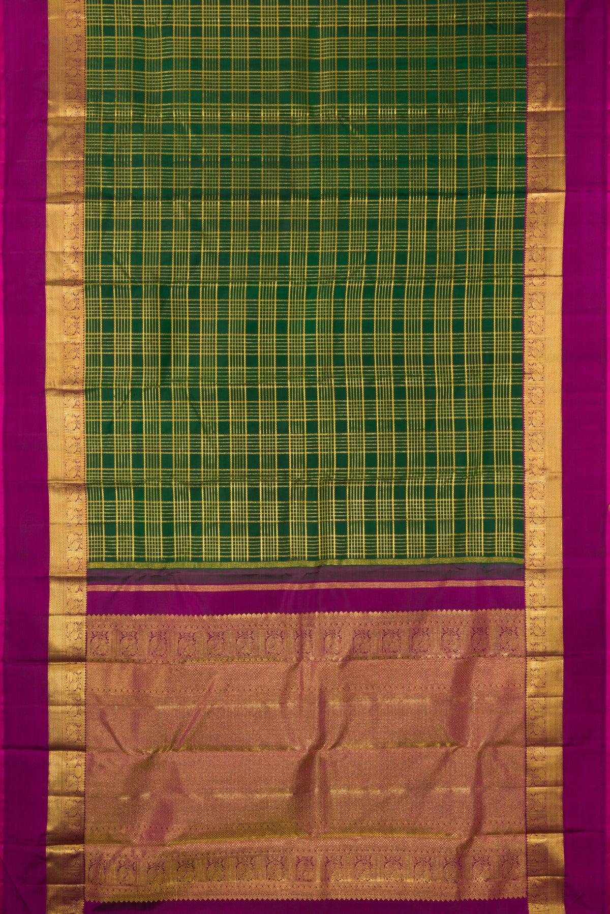 Flat view of Pure Silk Bottle Green Kanchipuram Saree with Checked design on the body and Zari Border. 