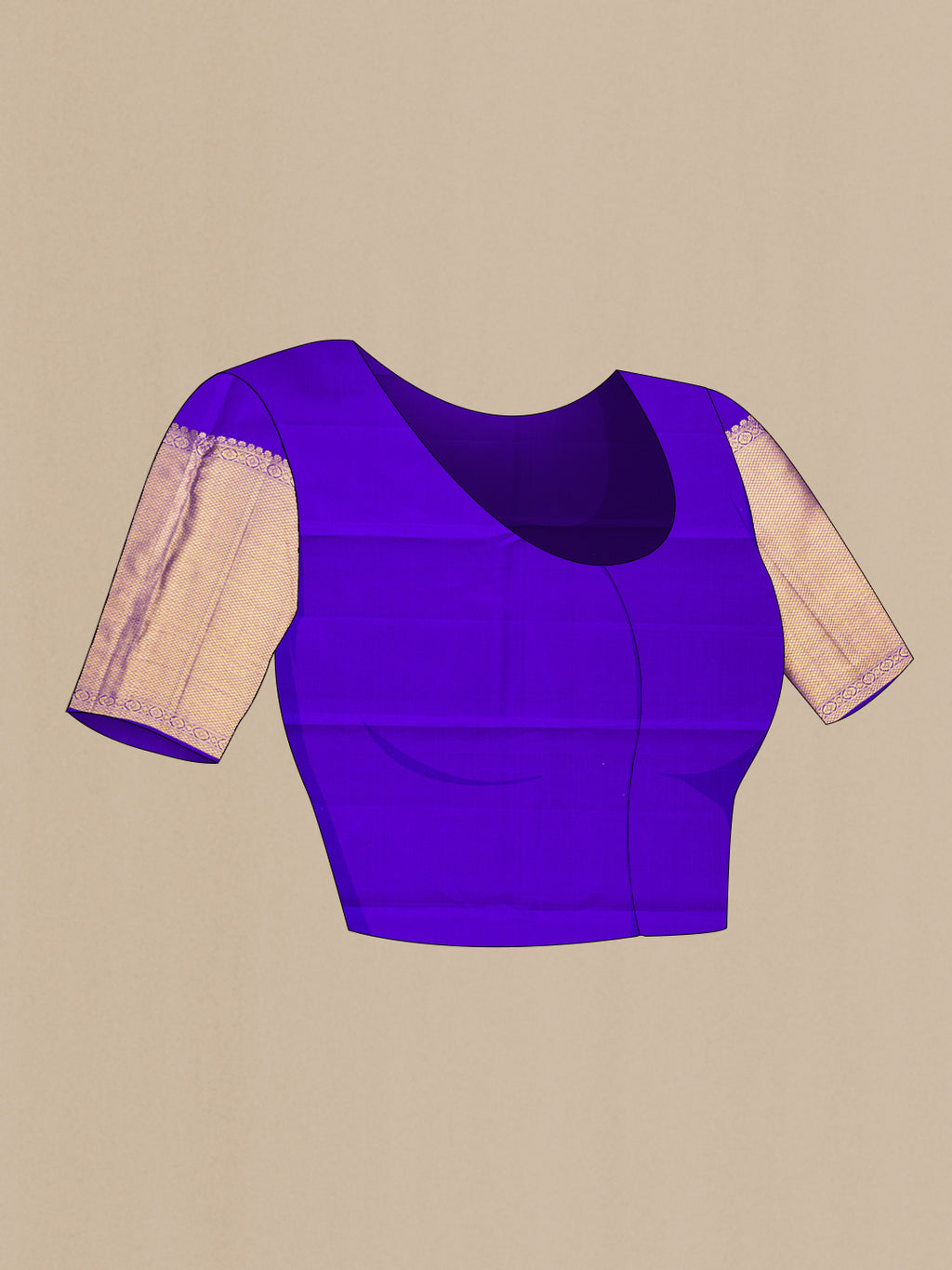 Close up image of the blouse of Pure Silk Royal Blue Kanchipuram Saree with Zari Brocade on the body and Zari Border. 