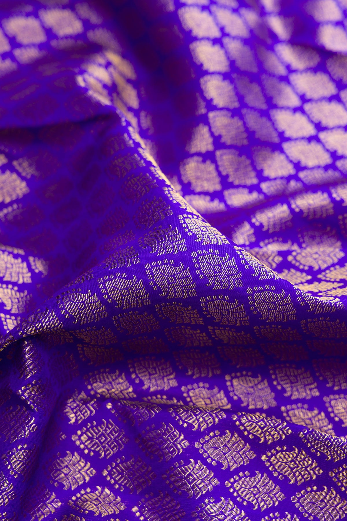 Close up of Pure Silk Royal Blue Kanchipuram Saree with Zari Brocade on the body and Zari Border.  displaying folds