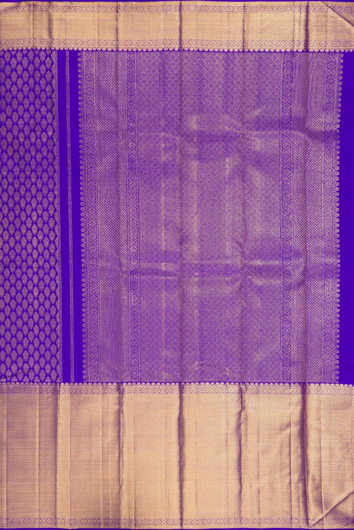 Close up image of the pallu of Pure Silk Royal Blue Kanchipuram Saree with Zari Brocade on the body and Zari Border. 