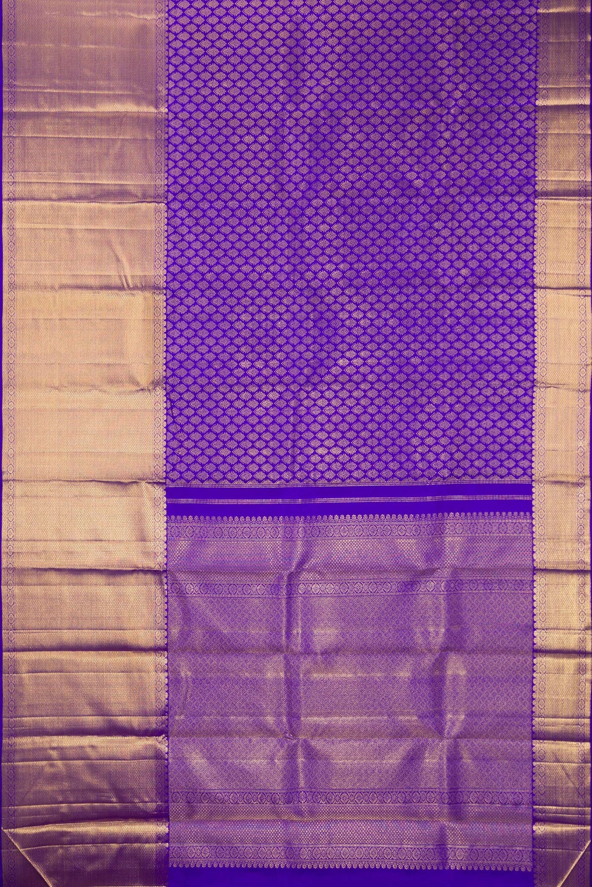 Flat view of Pure Silk Royal Blue Kanchipuram Saree with Zari Brocade on the body and Zari Border. 