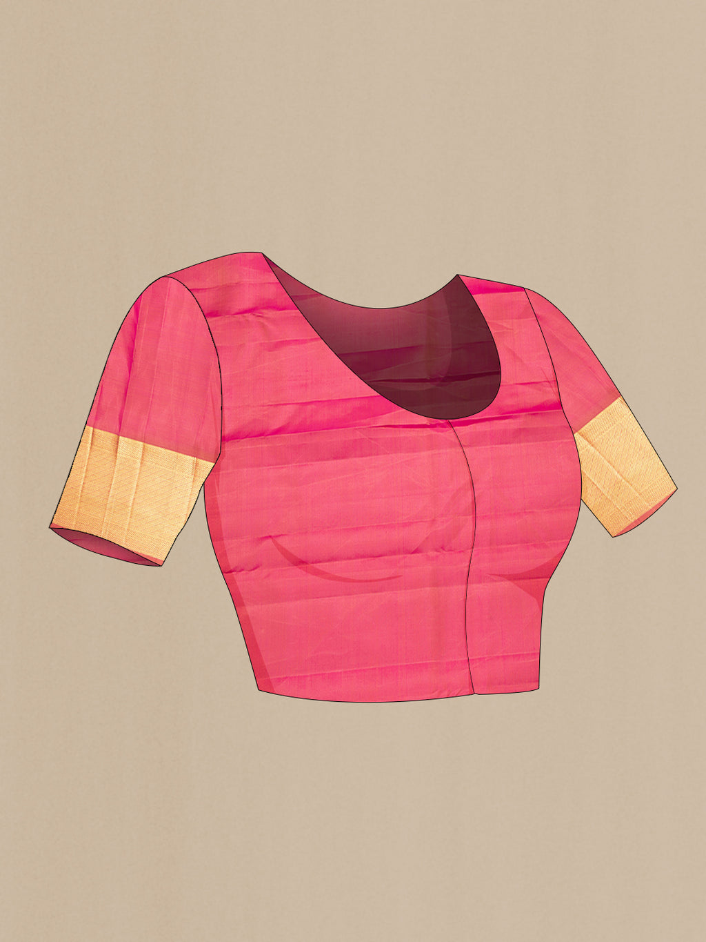 Close up image of the blouse of Pure Silk Pink Dual Tone Kanchipuram Saree with Zari Butta on the body and Zari Border. 