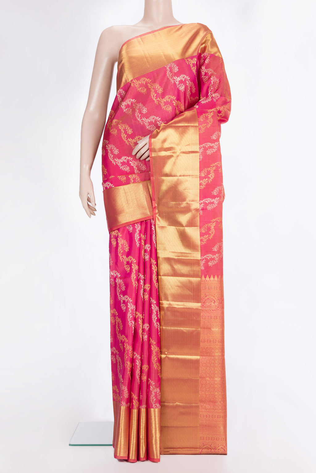 Pure Silk Pink Dual Tone Kanchipuram Saree with Zari Butta on the body and Zari Border.  displayed on a mannequin