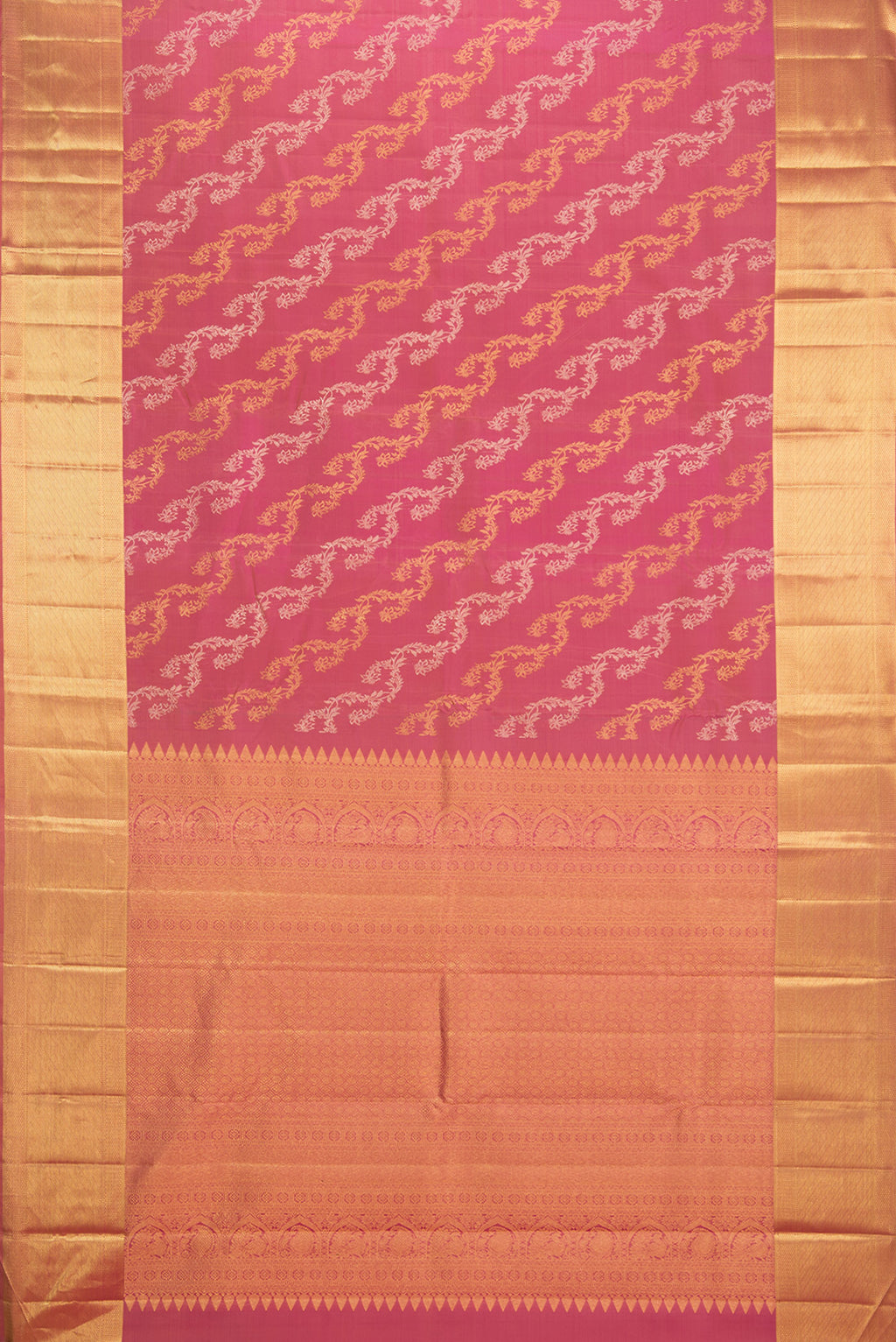 Flat view of Pure Silk Pink Dual Tone Kanchipuram Saree with Zari Butta on the body and Zari Border. 