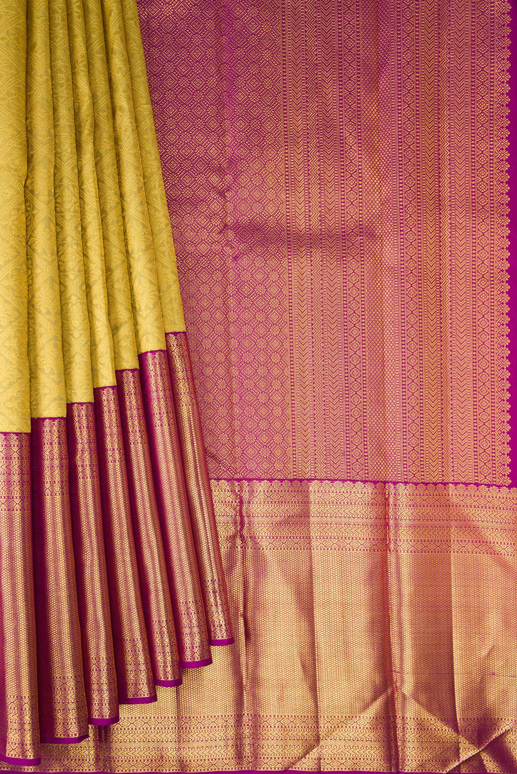 Pleats and pallu of Pure Silk Gold Dual Tone Kanchipuram Saree with Zari Brocade on the body and Zari Border. 