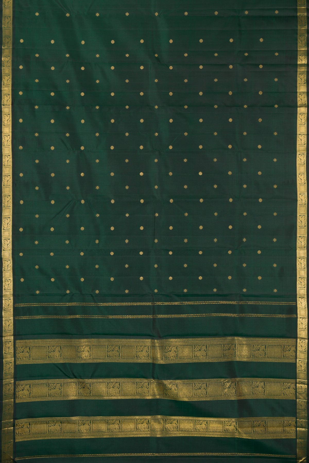 Flat view of Pure Silk Pure Zari Bottle Green Kanchipuram Saree with Zari Butta on the body and Zari Border. 