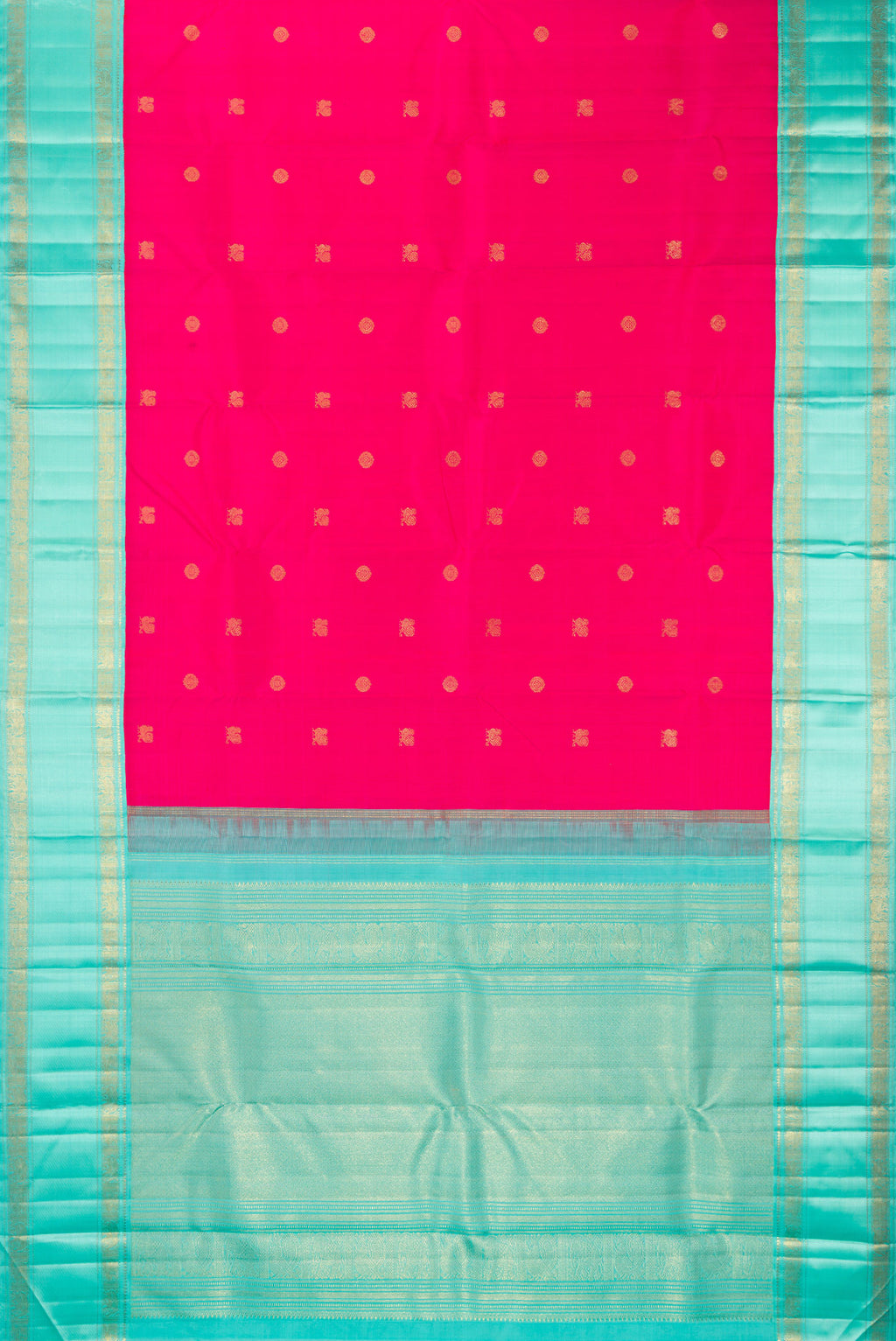 Flat view of Pure Silk Pure Zari Rani Pink Kanjivaram Saree with Zari Butta on the body and Zari Border. 