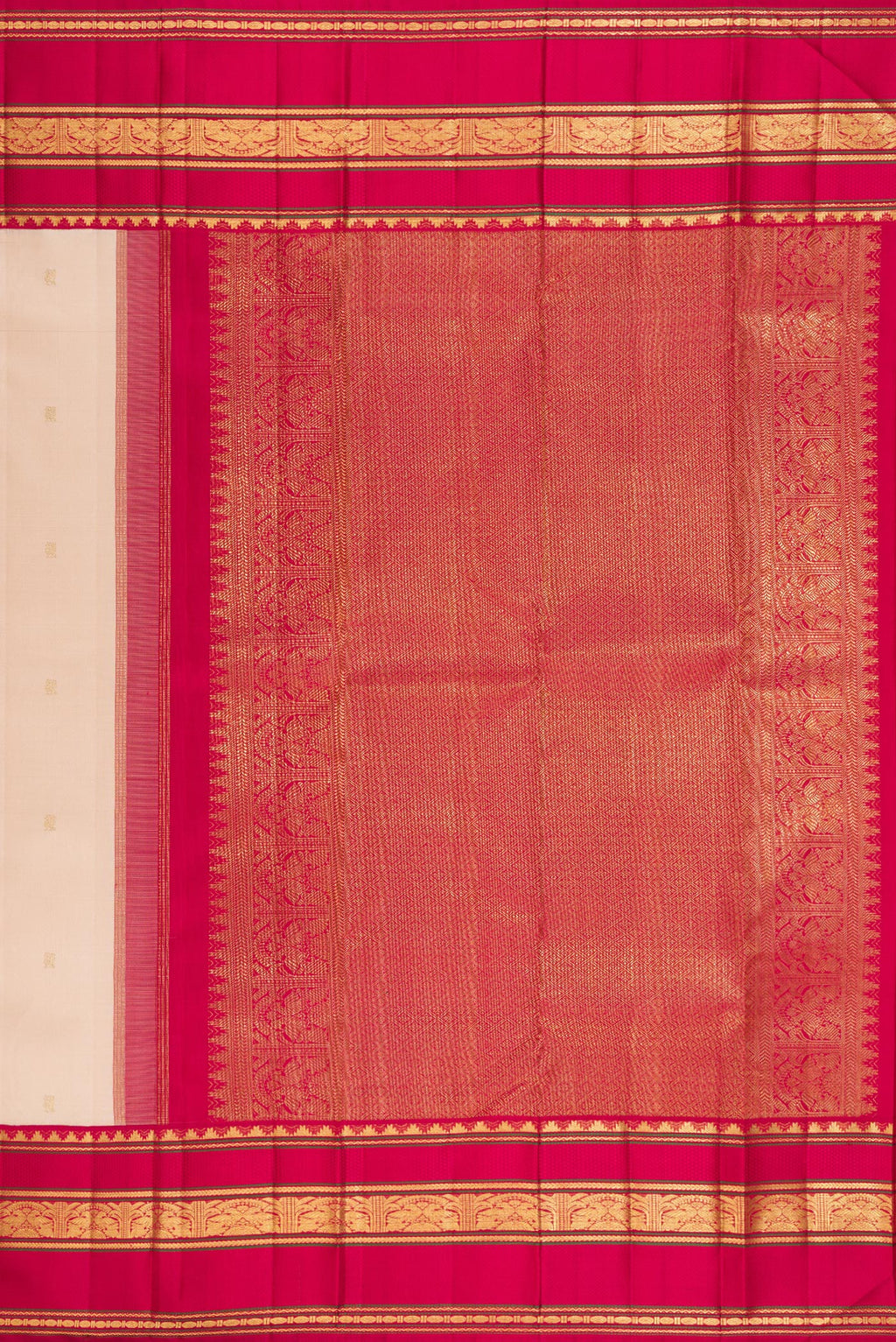 Close up image of the pallu of Pure Silk Pure Zari Cream Dual Tone Kanjivaram Saree with Zari Butta on the body and Zari Border. 