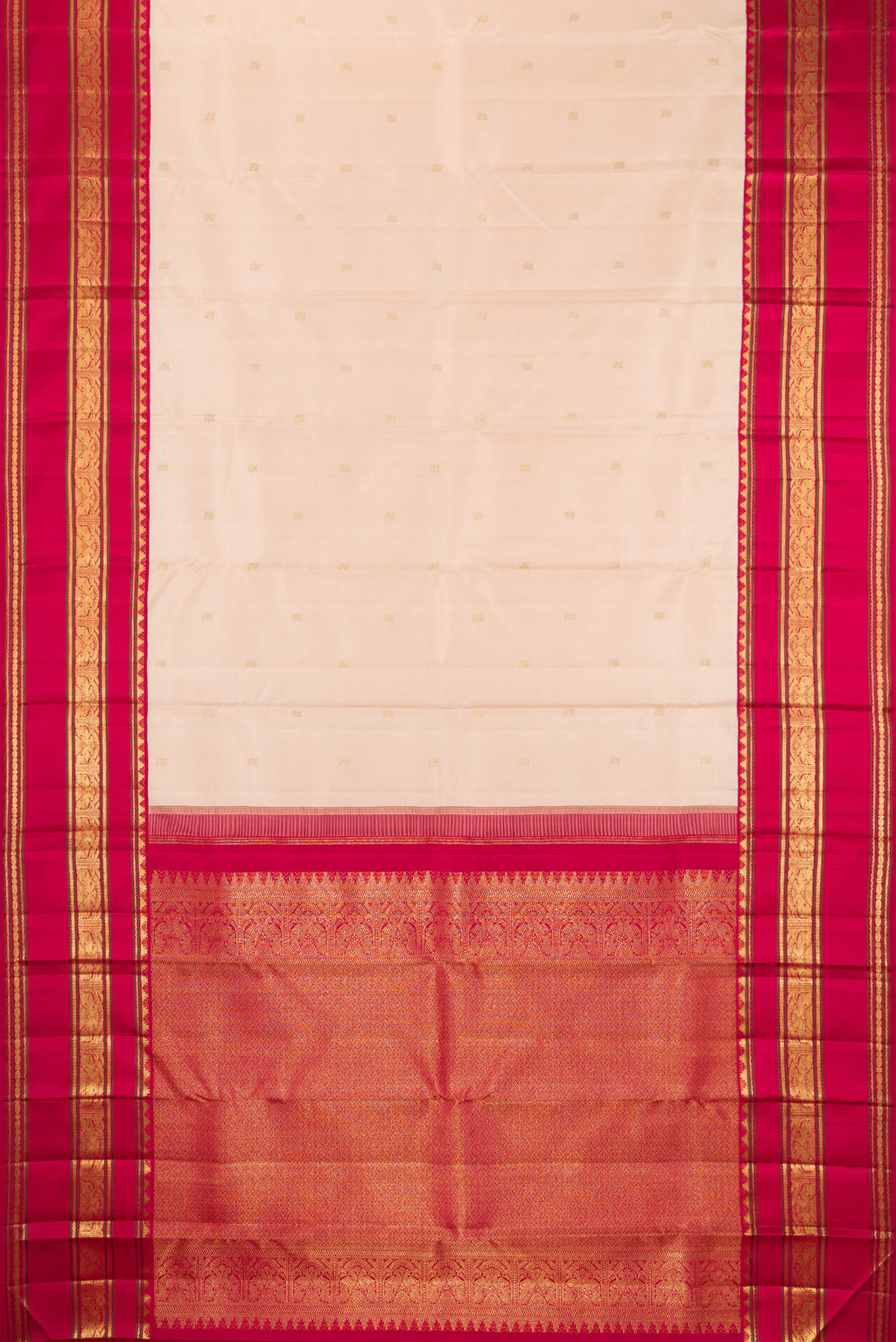 Flat view of Pure Silk Pure Zari Cream Dual Tone Kanjivaram Saree with Zari Butta on the body and Zari Border. 