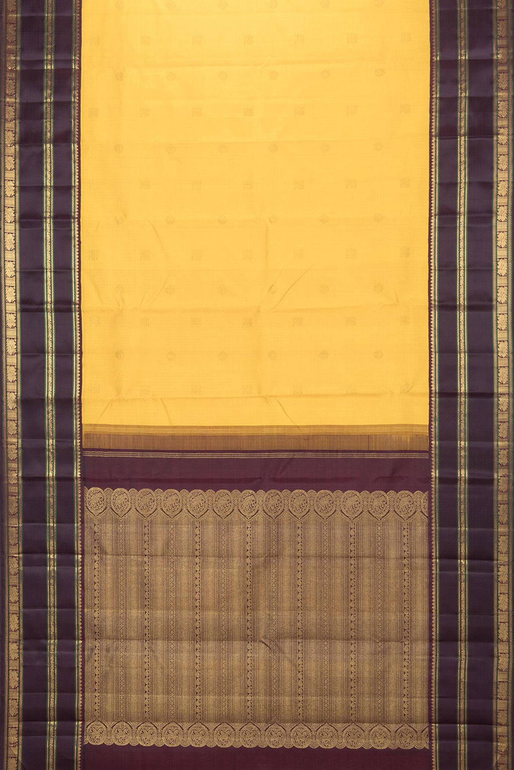 Flat view of Pure Silk Yellow Dual Tone Kanchipuram Saree with Checked design on the body and Zari Border. 