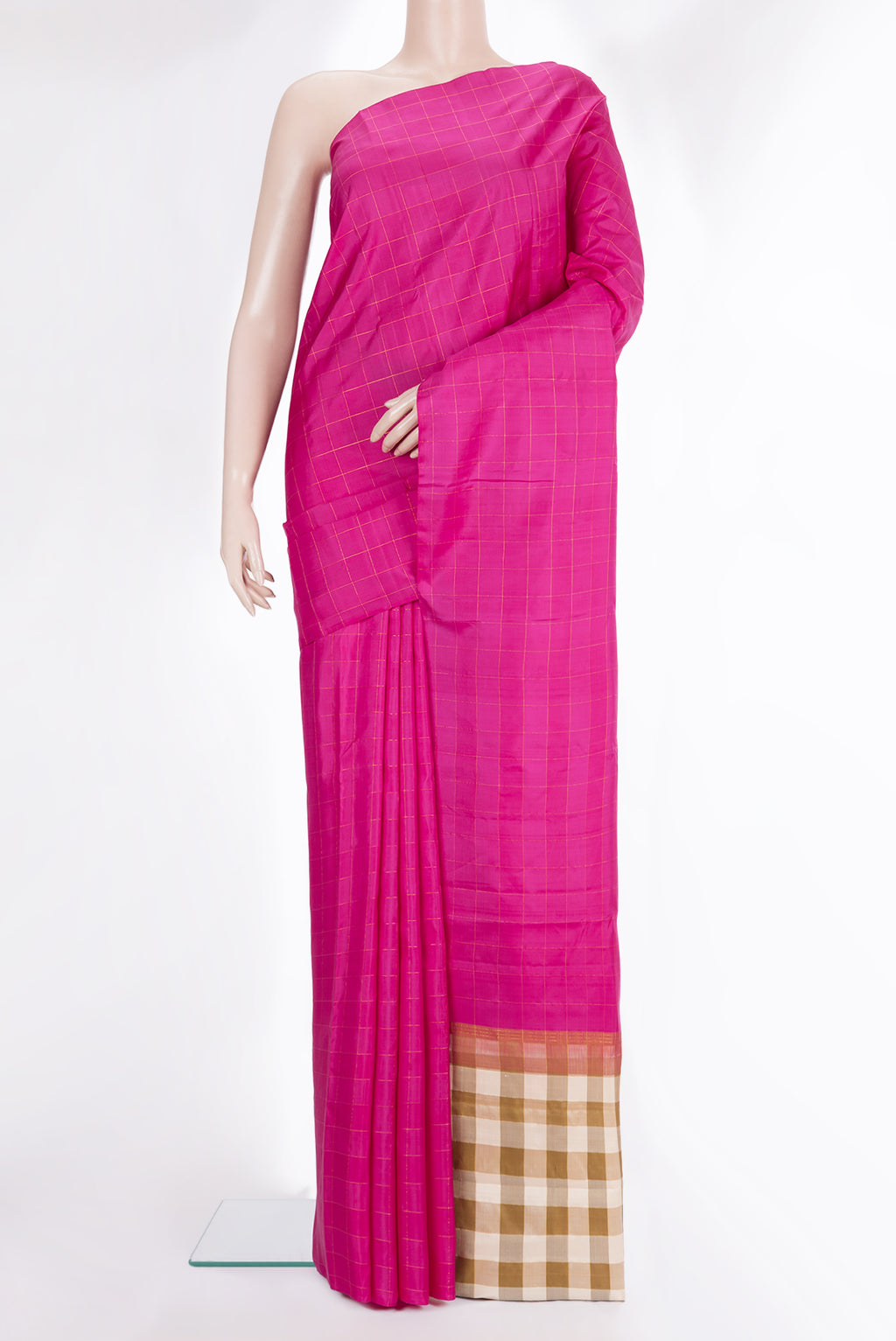Pure Silk Dark Pink Dual Tone Kanchipuram Saree with Checked design on the body and Without Border.  displayed on a mannequin